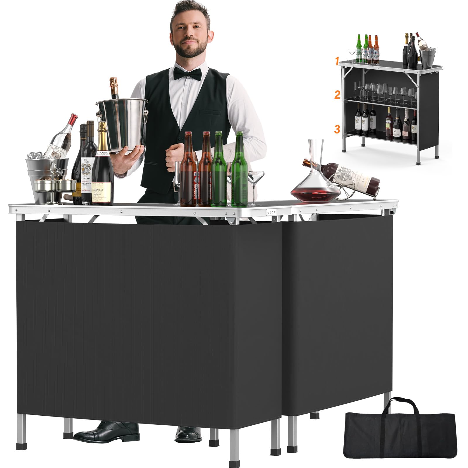 VINGLI 39 Inch Portable Bar Table with 3-Tier Shelves - Mobile Rolling Bar Cart for Parties, Events, Camping, Picnics, Trade Shows & Indoor Use - Includes Black Skirt (1 Pack, 39
