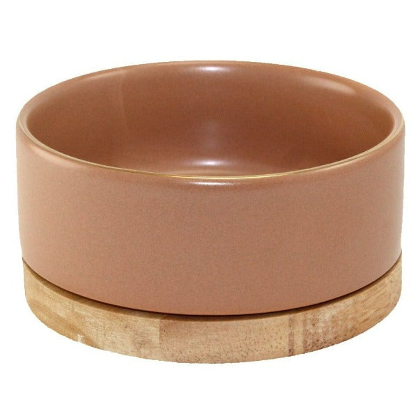 Premium Glazed Ceramic Pet Bowl with Natural Wood Stand - Elegant Elevated Dog & Cat Food Dish for Small to Medium Pets - Perfect for Home, Kitchen, or Dining Area