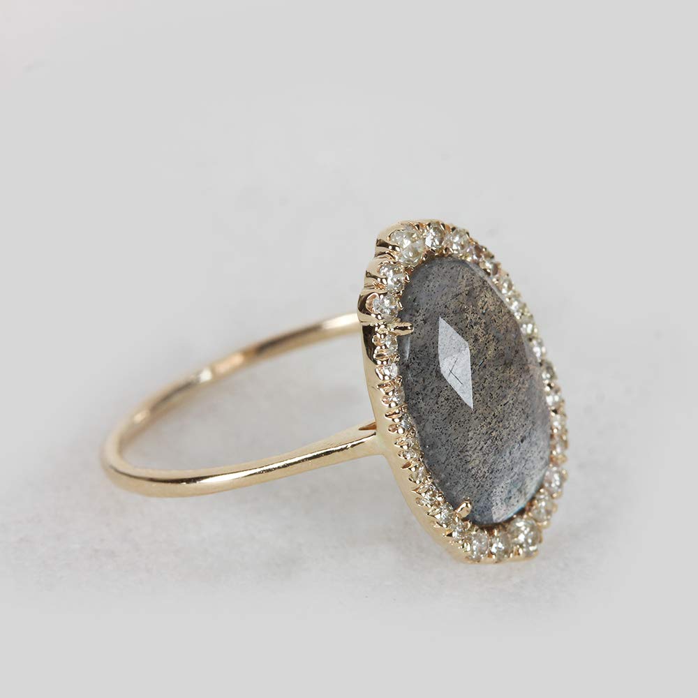 Anjistouch 14K Yellow Gold Labradorite Gemstone Ring with Pave Diamonds | Natural Round Cut Women's Jewelry for Everyday Wear & Special Occasions