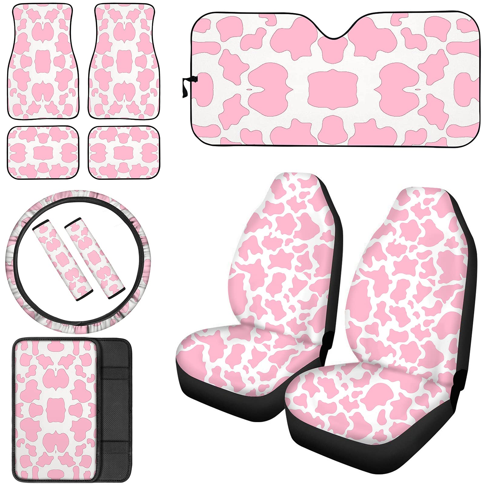 UNICEU Pink Cow Print 11-Piece Car Accessories Set - Front Seat Covers, Steering Wheel Cover, Seatbelt Pads, Armrest Cushion, Floor Mats & Sunshade for Women | Perfect for Daily Commute, Road Trips & Car Interior Protection