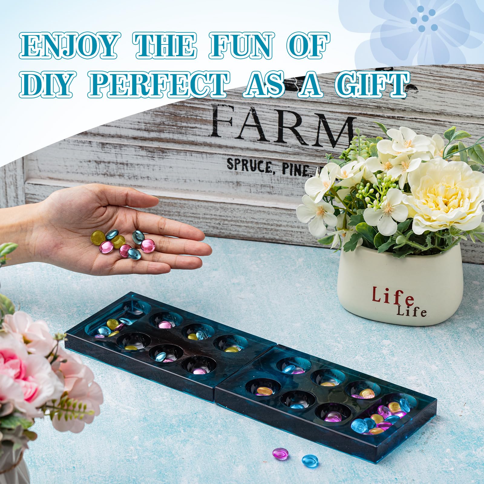 Premium Mancala Board Game Silicone Mold Set - DIY Epoxy Resin Casting Kit with 2 Mancala Stone Molds & 4 Metal Accessories - Perfect for Family Game Nights, DIY Crafts, and Unique Gift Making (Handmade Board Games, Birthday Presents, Party Activities)