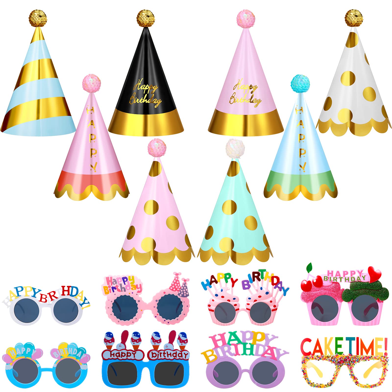 Colorful Rainbow Birthday Party Hats & Sunglasses for Adults - Fun Cone Hats & Novelty Glasses for Birthday Decorations, Bachelorette Parties, Costume Events and Festive Celebrations