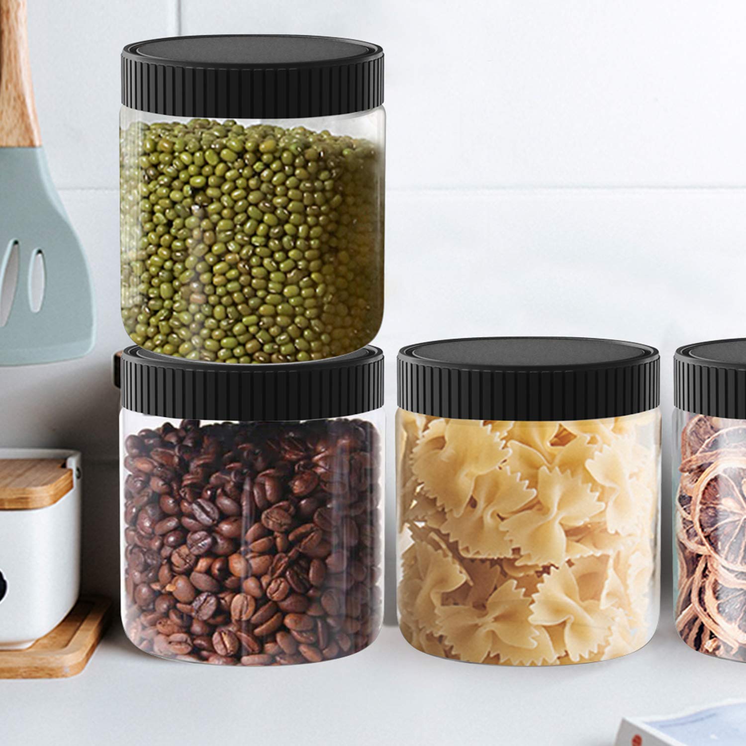 8 Oz Clear Plastic Jars with Black Lids - 6 Pack Airtight Food Storage Containers for Dry Food, Coffee, Nuts, Spices | BPA-Free Kitchen Organization & Pantry Storage Solutions for Home, Office or Restaurant Use