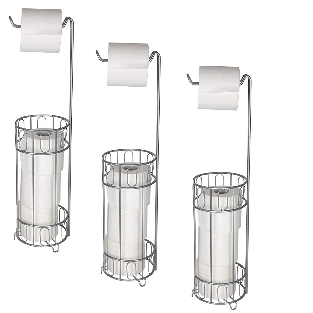 Home Basics Unity Free-Standing Toilet Paper Holder - Silver (3 Pack) | Bathroom Tissue Roll Dispenser & Storage Organizer for Toilet, Powder Room & Guest Bath | Space-Saving Design for Small Bathrooms & Apartments
