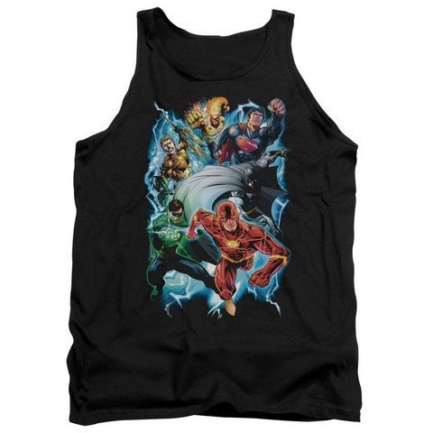 Trevco JLA-Electric Team Black Adult Tank Top - Large Size | Superhero Graphic Tee for Men | Perfect for Comic Con, Cosplay & Casual Wear