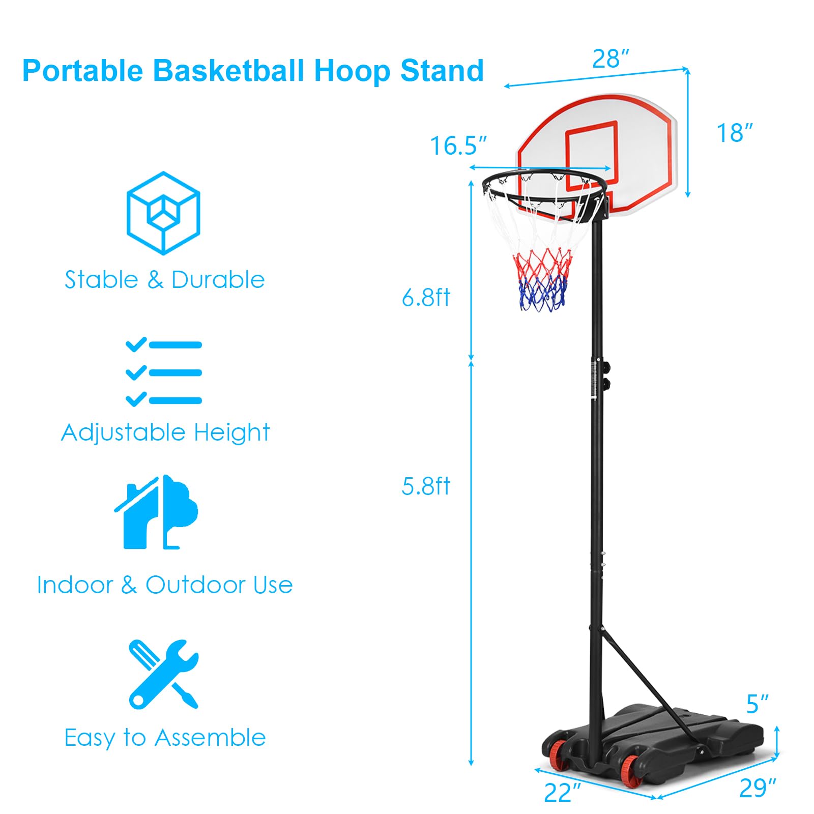 GYMAX Adjustable Basketball Hoop 7.1-8.1FT - Shatterproof Backboard for Indoor/Outdoor Play