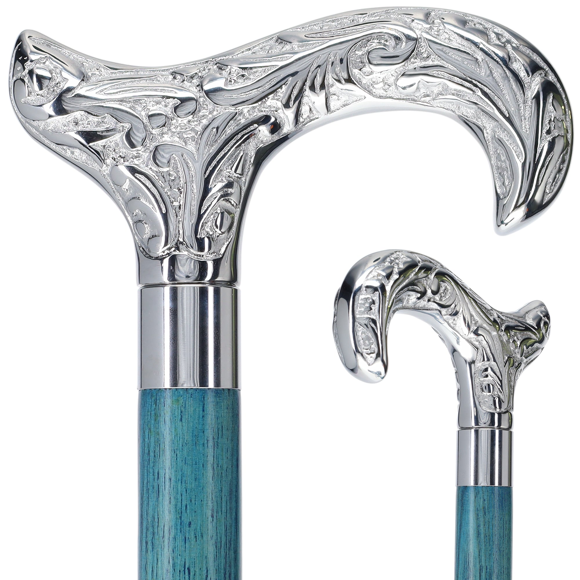 Premium Chrome Plated Derby Handle Walking Cane - Blue Stained Ash Wood Shaft with Aluminum Silver Collar (Model V2197) - Ideal for Seniors, Hiking & Fashion Accessory