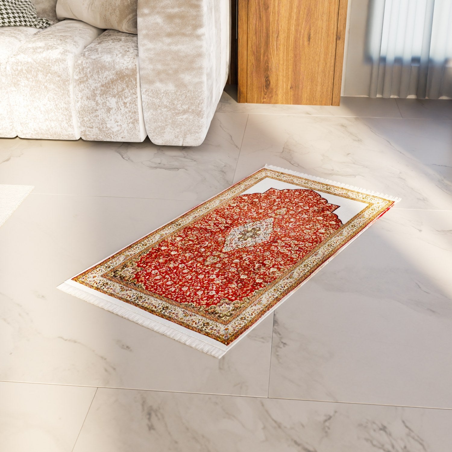 Premium Muslim Prayer Rug with Deep Red Floral Designs - Soft & Durable Islamic Prayer Mat for Home, Mosque & Travel Use