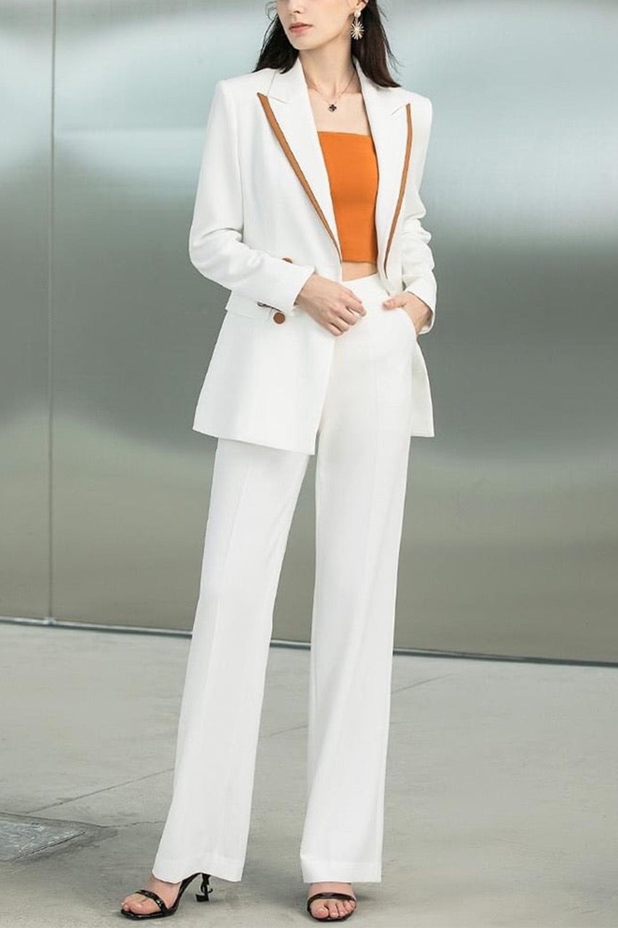 Elegant White 2-Piece Women's Suit with Single Button & Orange Trim Notch Lapel - Perfect for Office, Business Meetings & Formal Events