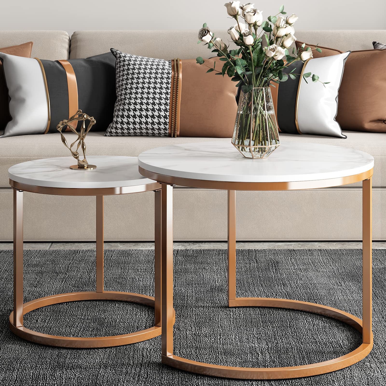 Modern Nesting Coffee Table Set - Faux Marble & Gold Metal Frame Side End Tables for Living Room, Bedroom, Office - Perfect for Small Spaces & Home Decor