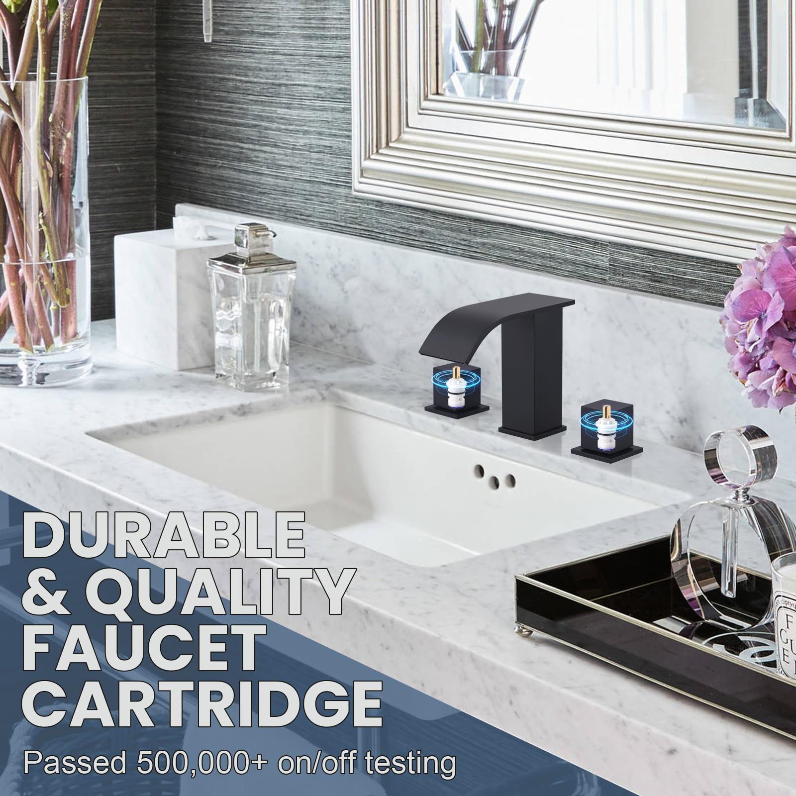 ARCORA 8 Inch Widespread Bathroom Faucet - Matte Black Modern 2 Handle Bathroom Sink Faucet with Pop Up Drain & cUPC Supply Lines | 3 Hole Waterfall Bathroom Faucet for Vanity, Powder Room & Guest Bath