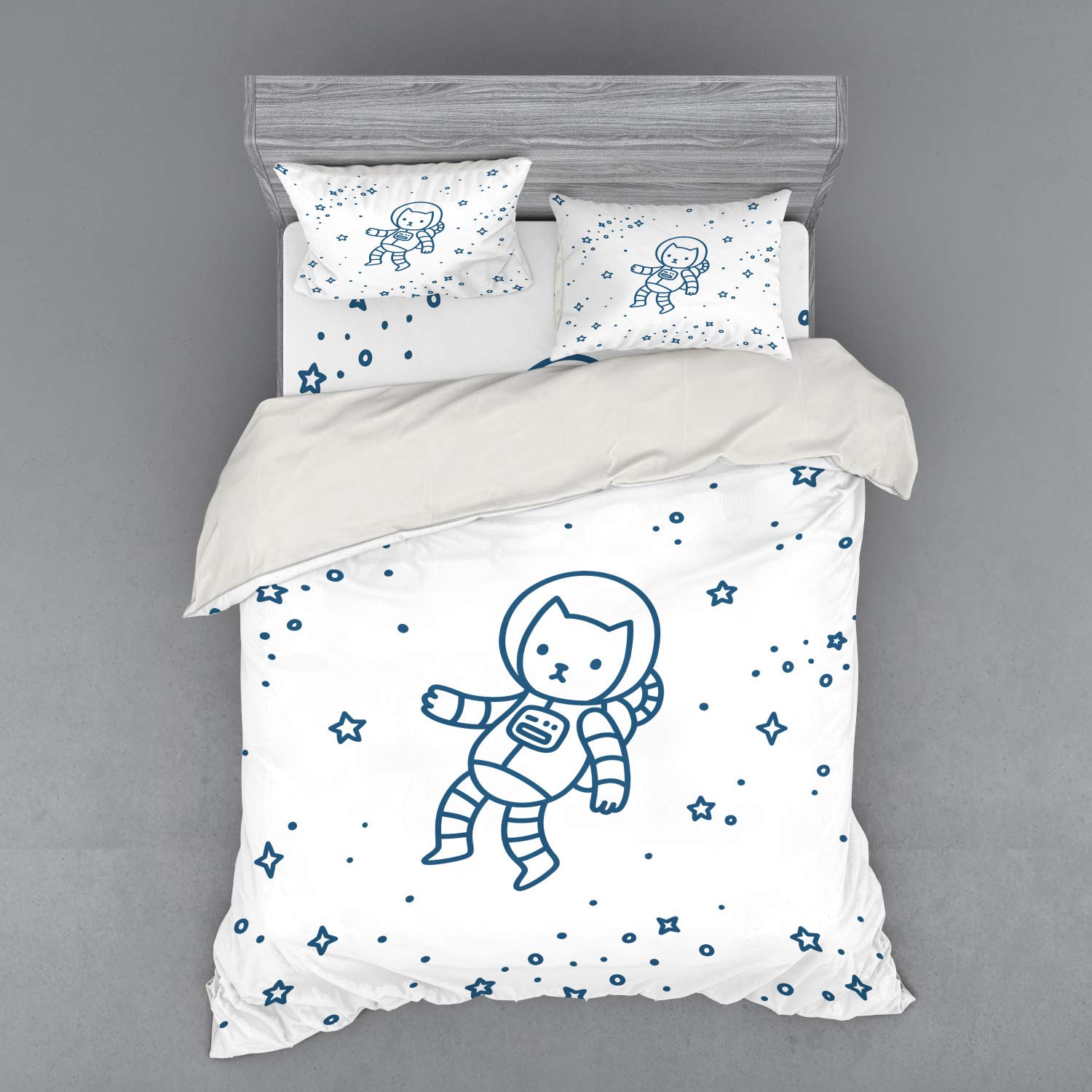 Ambesonne Cat Duvet Cover Set - 4 Piece Queen Size with Shams & Fitted Sheet, Cartoon Astronaut Cat in Outer Space Constellation Design, Dark Blue | Perfect for Cat Lovers' Bedroom Decor & Space Theme Nursery
