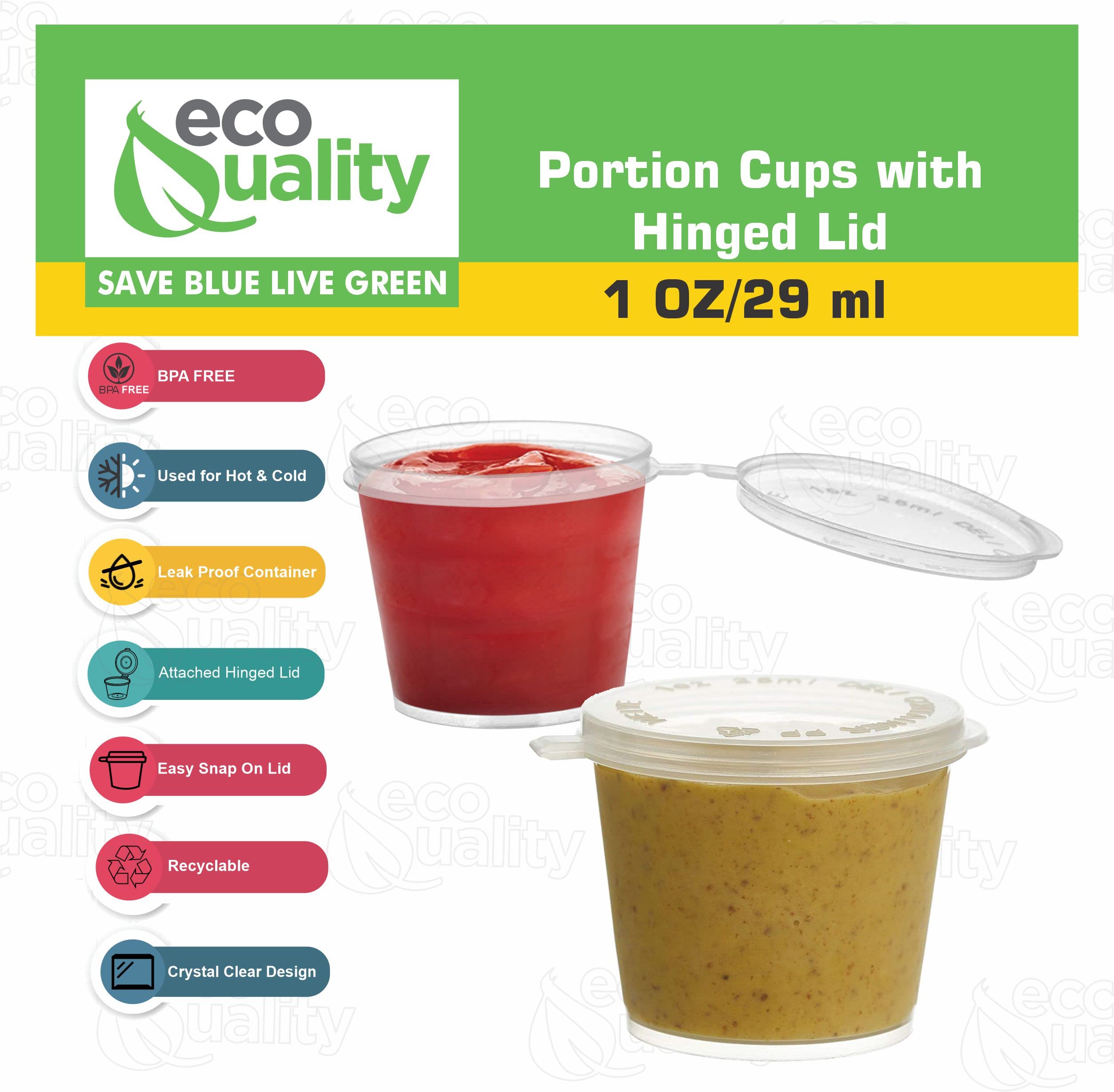 EcoQuality 1 Oz Leak Proof Plastic Condiment Cups with Snap-On Lids - Hinged Souffle Containers for Sauces, Dressings, Jello Shots, Slime, Food Storage & More (2000 Pack) - Ideal for Restaurants, Catering, Parties & Home Kitchen Use