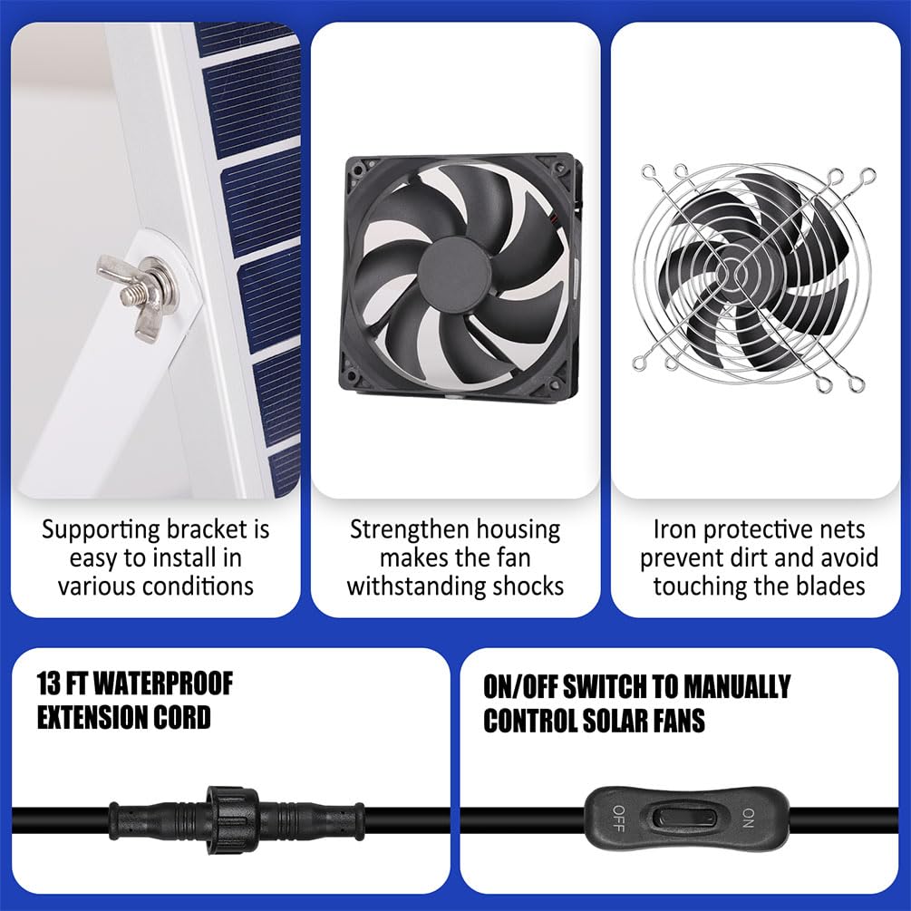 5 Inch Solar Powered Fan - IPX7 Waterproof Dual Exhaust & Intake Fan Kit with 13Ft On/Off Switch - Energy Efficient Cooling Ventilation for Greenhouse, Chicken Coop, Shed, Dog House & Outdoor Use - Perfect for Summer Heat Relief & Air Circulation