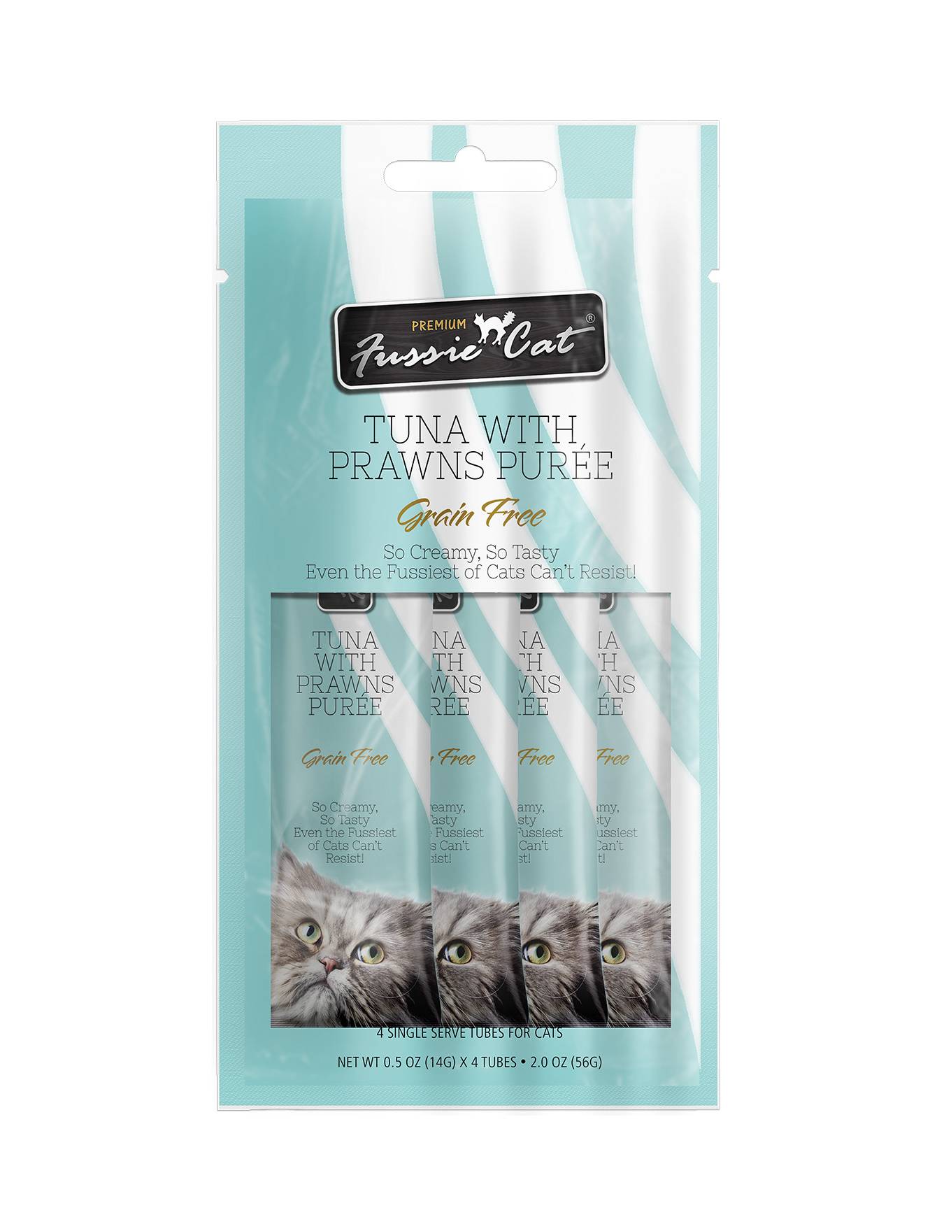Premium Fussie Cat Puree Tuna with Prawns Cat Treat - 14g x 4 Pack - Grain-Free Wet Food for Kittens & Adult Cats - Perfect for Training, Rewards & Mealtime Toppers