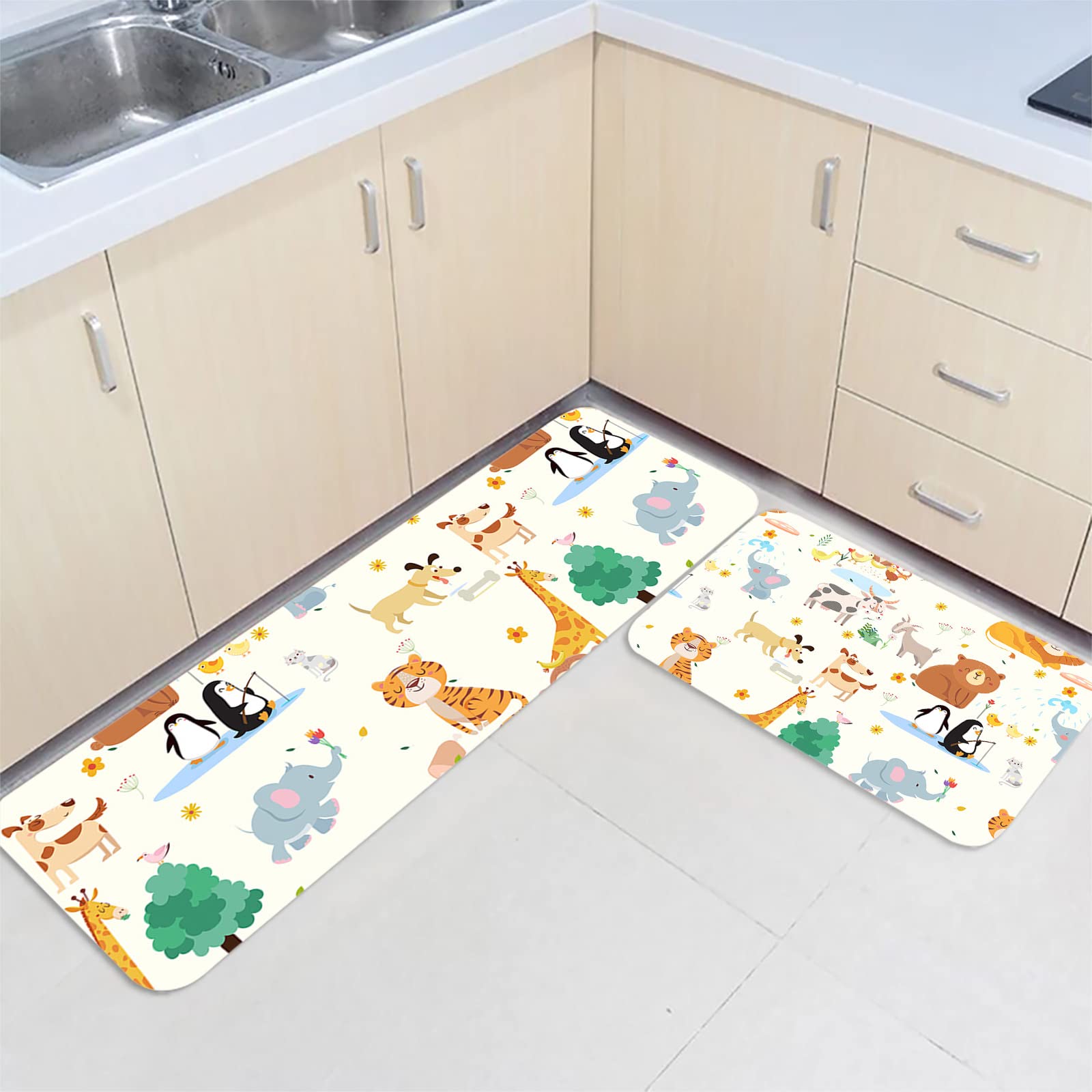 Funny Animal Kitchen Mats Set of 2 - Non-Slip Waterproof Microfiber Standing Rugs for Kitchen Floor, Office & Laundry Room - Cute Cartoon Tiger Lion Elephant Penguin Design - Perfect for Home Decor & Comfort While Cooking