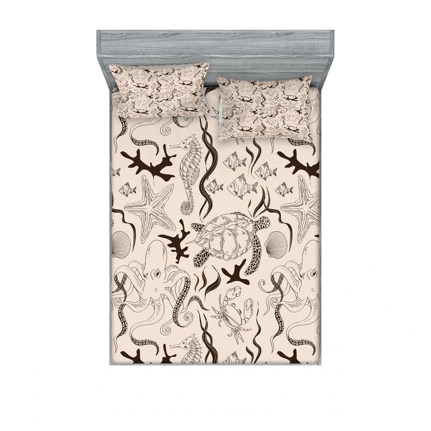 Ambesonne Retro 2-Pack Twin XL Fitted Sheet & Pillow Sham Set - Octopus Crab Seahorse Print 4-Piece Bedding Collection in Beige Brown | Coastal Themed Bedroom Decor for Guest Rooms & Dorm Essentials