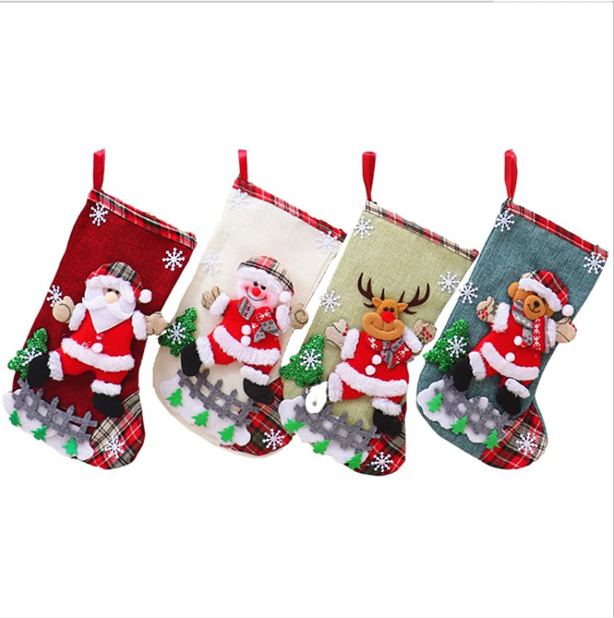 TTSLVS Christmas Stockings Set of 4 - Festive Xmas Stockings Decorations with Santa, Snowman & Reindeer Designs | Holiday Gift Bags for Candy & Small Presents | Perfect for Fireplace Mantel, Christmas Tree & Seasonal Home Decor