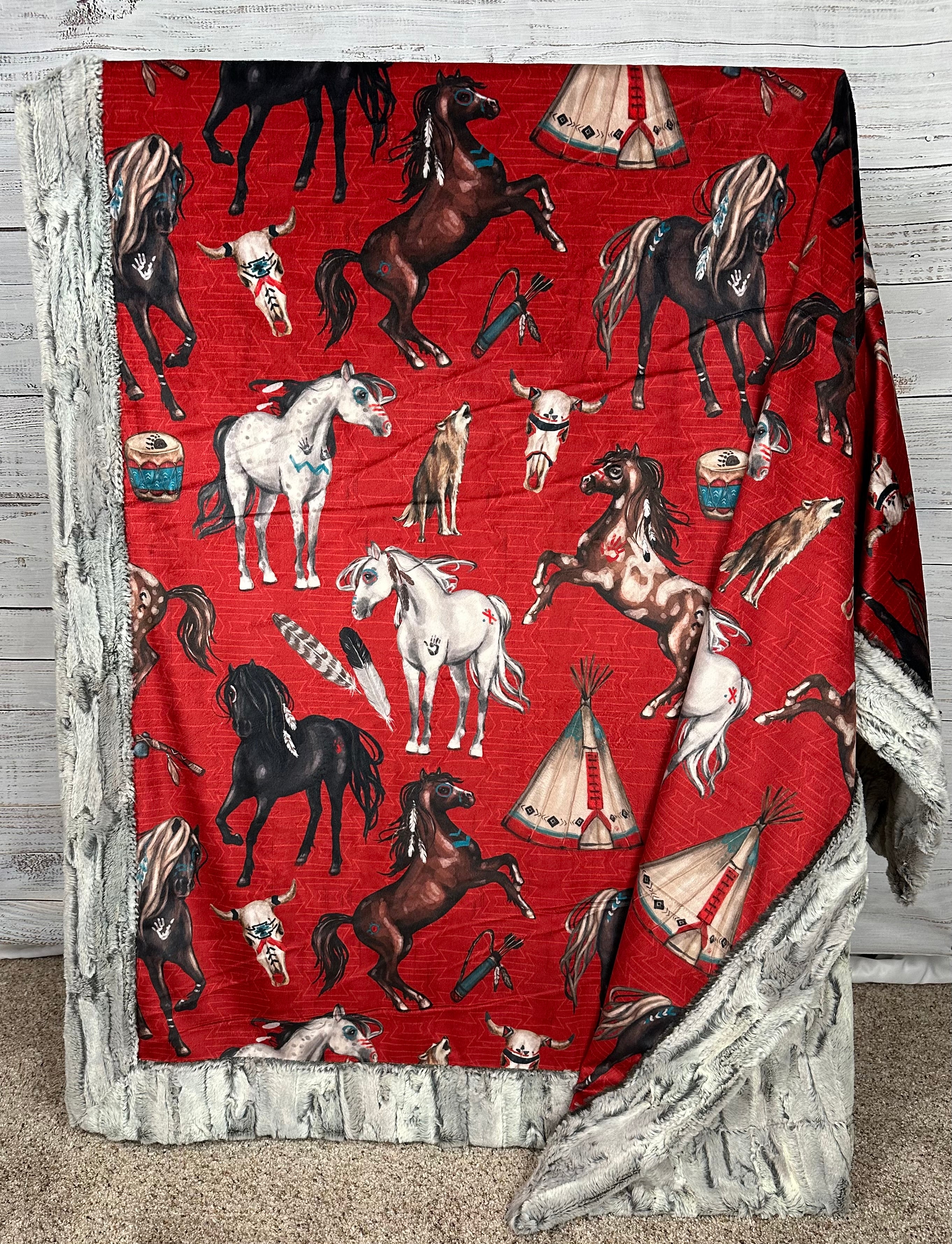 Premium Native American Horses Design Silver Fox Luxe 54x79 Inch Large Minky Blanket - Ultra Soft Red Throw Blanket for Bed, Couch & Home Decor | Spoonflower Quality Fabric