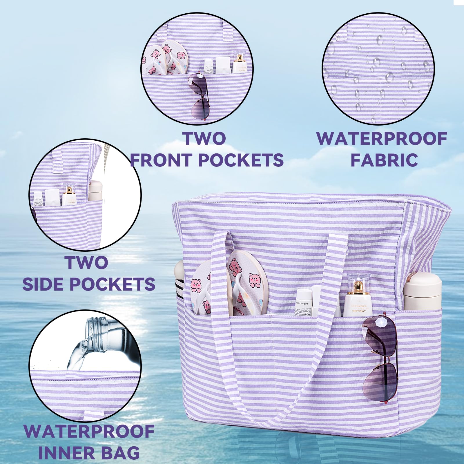 Waterproof Sandproof Beach Tote Bag for Women - Large Zippered Pool Bag with Wet Pocket, Perfect for Gym, Grocery Shopping, Travel & Outdoor Activities