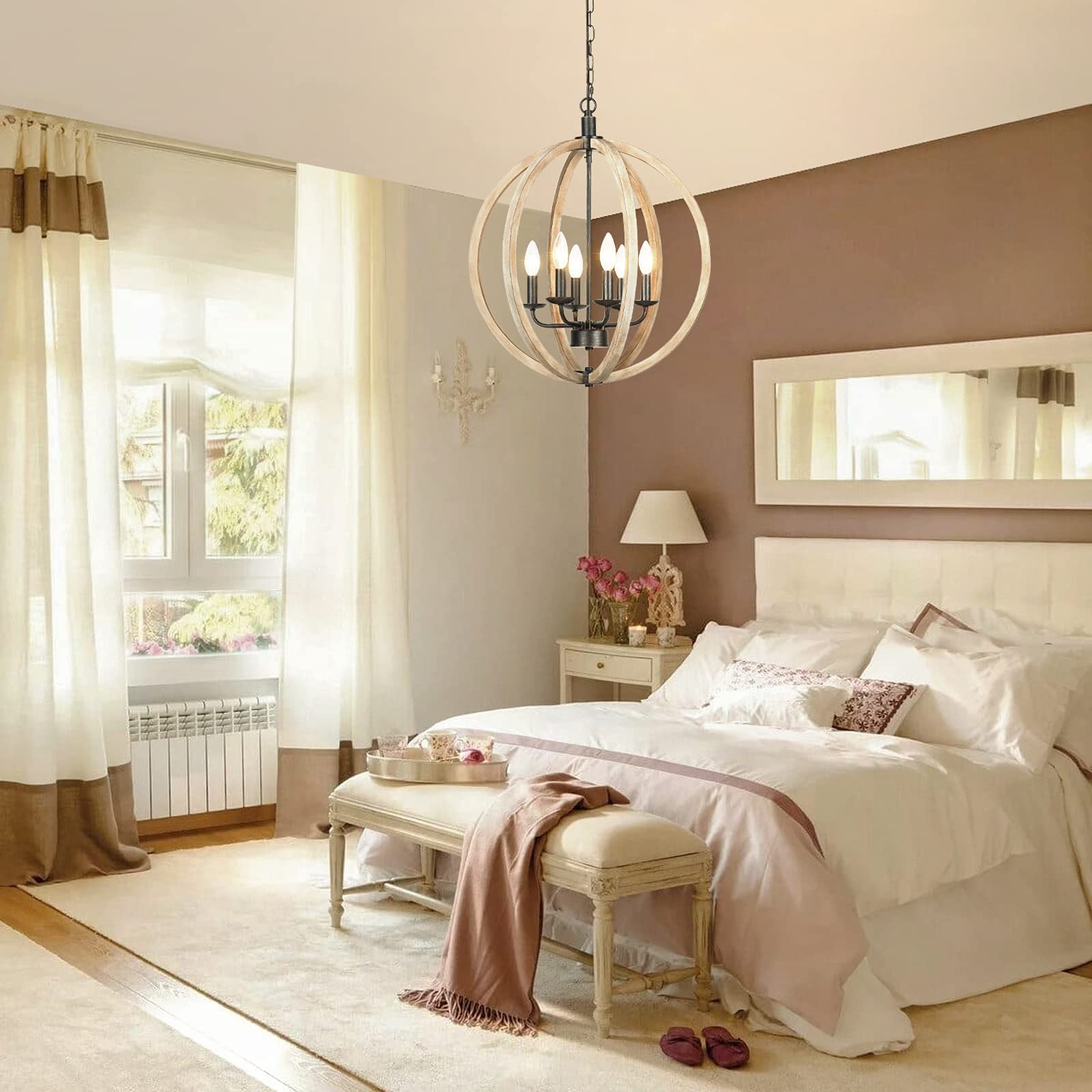 Handmade Wooden Orb 6-Light Farmhouse Chandelier with Brown Glass Globes - 20