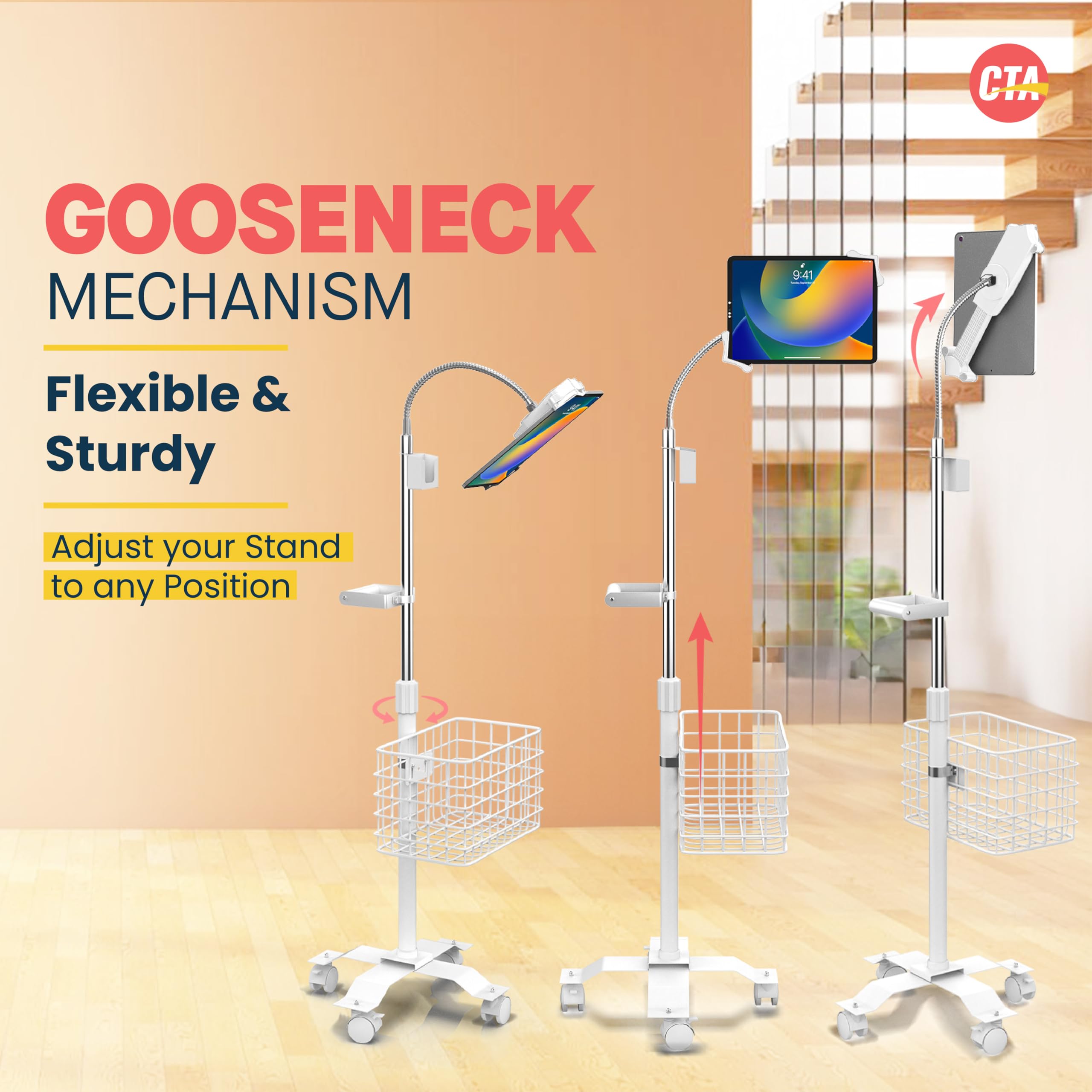 Adjustable Rolling Gooseneck Floor Stand with Metal Basket, Cradle & Handle for iPad 7/8/9 Gen 10.2