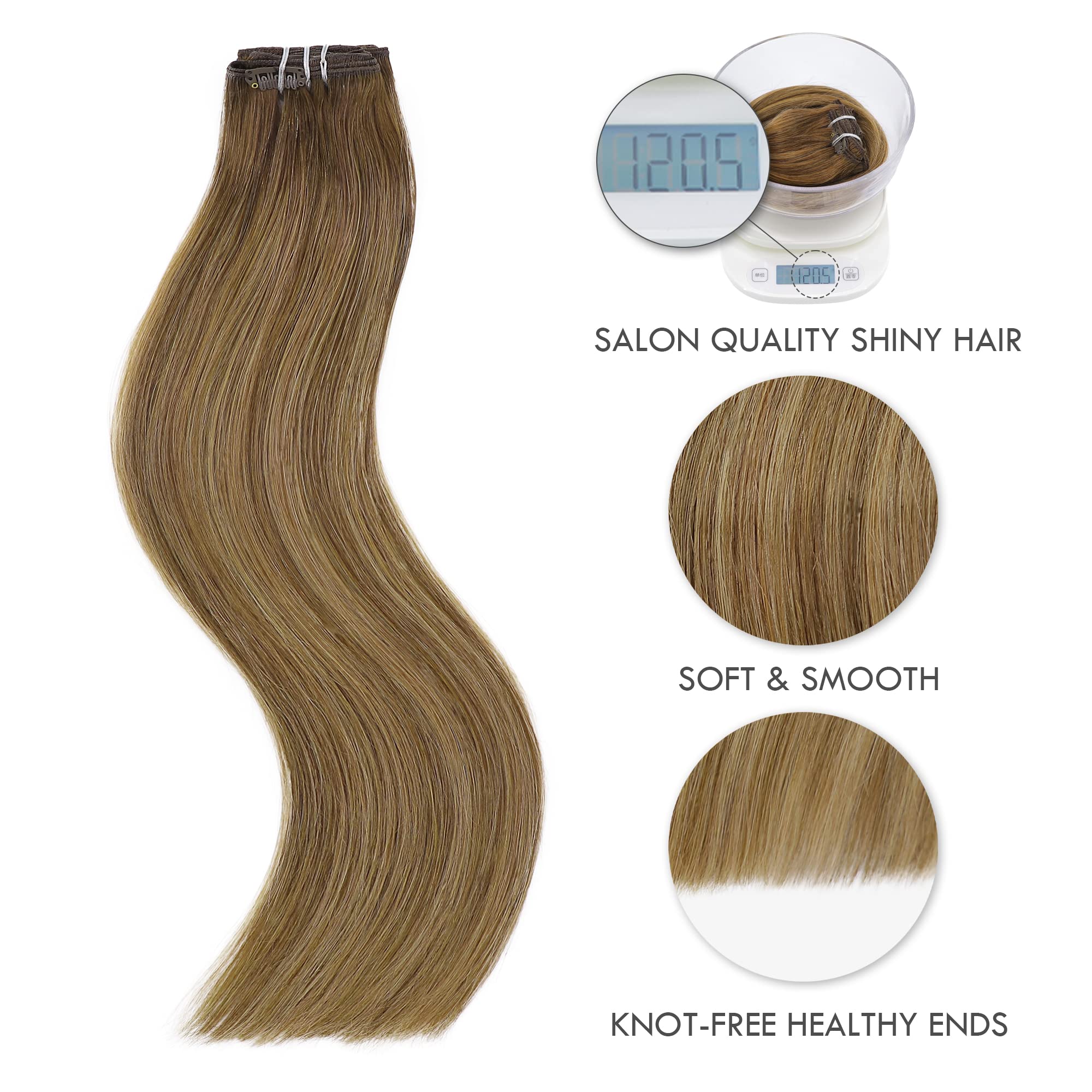 22 Inch Clip In Hair Extensions - Real Human Hair, Hand Tied Weft, Balayage Chocolate Brown with Caramel Blonde Highlights - 7 Piece Set for Volume & Length | Perfect for Parties, Weddings & Daily Styling
