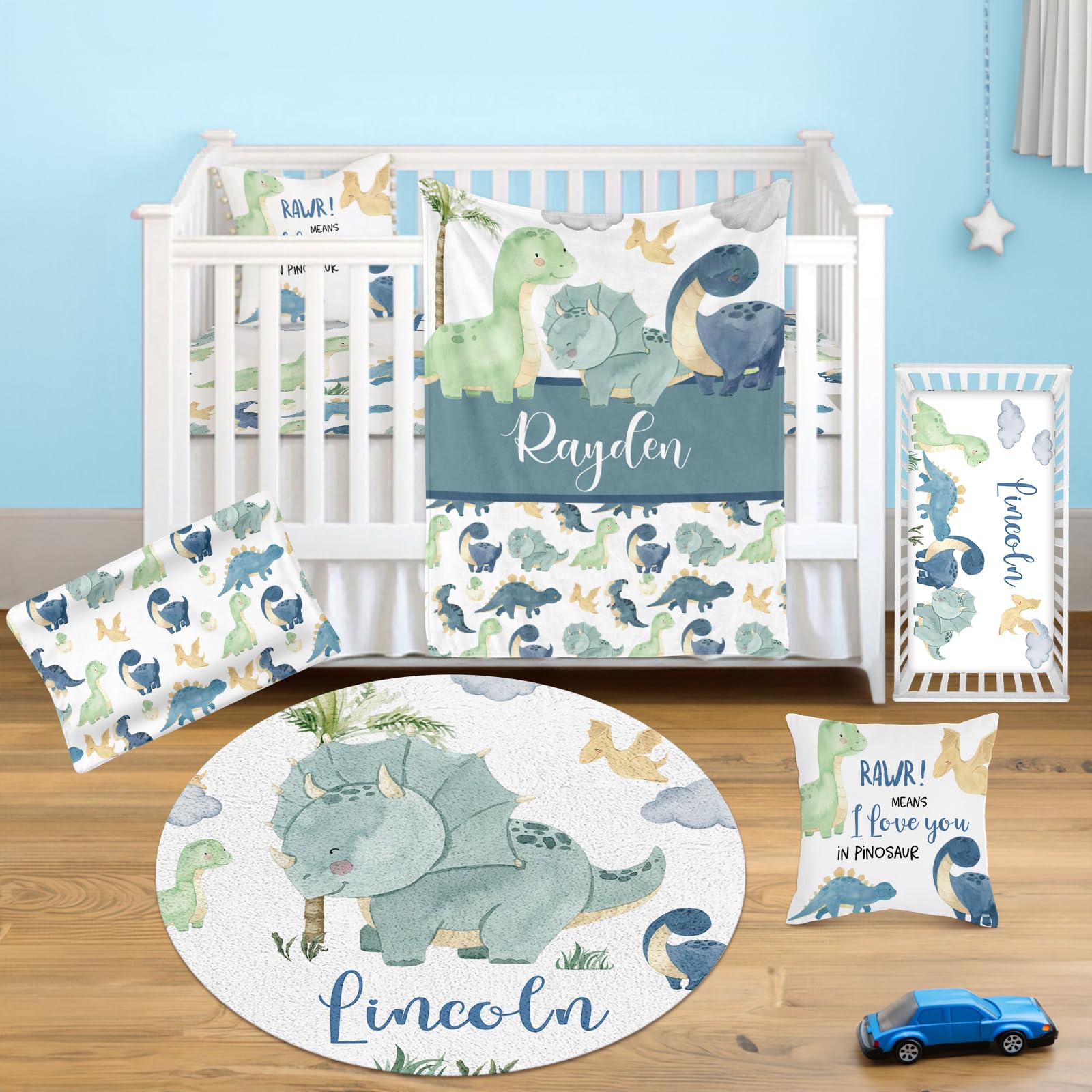 Custom Personalized Dinosaur Baby Crib Bedding Set - 5 Piece Nursery Set with Round Rug & Blanket for Newborn Girls | Perfect Baby Shower Gift & Nursery Decor for Dinosaur-Themed Rooms