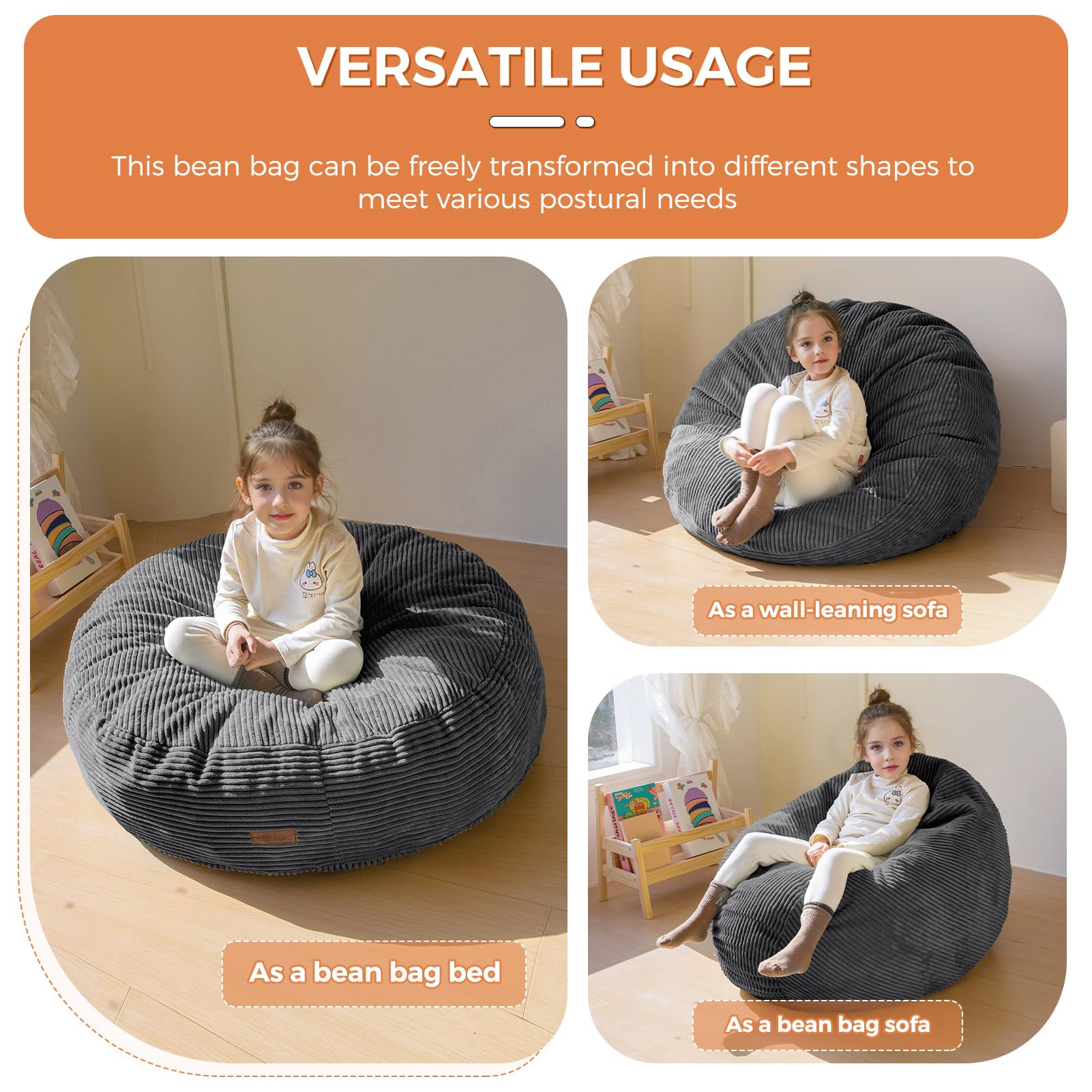 MAXYOYO 3-in-1 Convertible Kids Bean Bag Chair & Bed - Corduroy Round Floor Sofa for Children's Room, Gaming & Reading - Dark Grey - Perfect for Playrooms, Bedrooms & Dorm Rooms