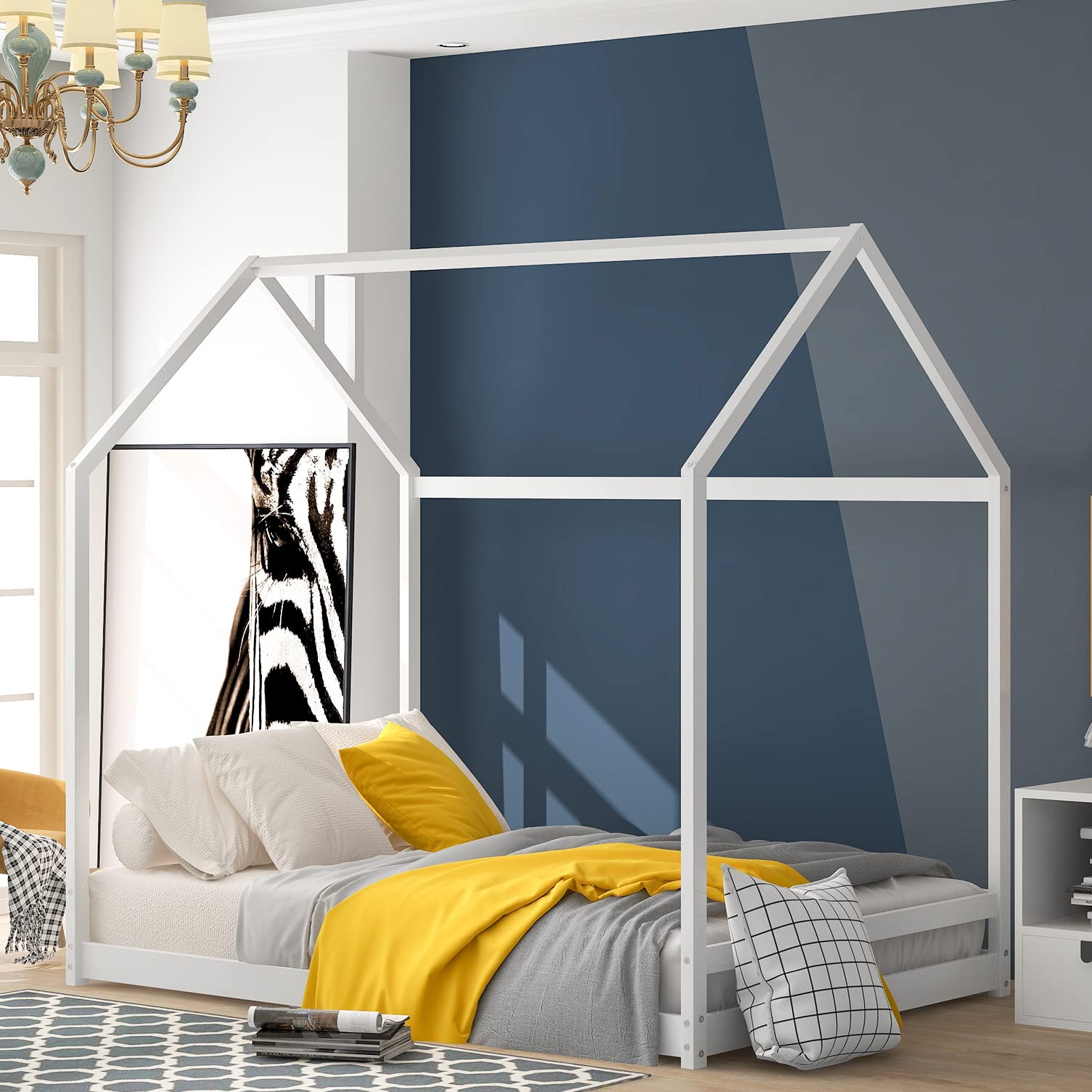 MERITLINE Twin Size House Bed Frame with Roof - Sturdy Wooden Loft Bed for Kids & Teens, Requires Box Spring - Perfect for Bedrooms, Playrooms & Dorm Decor