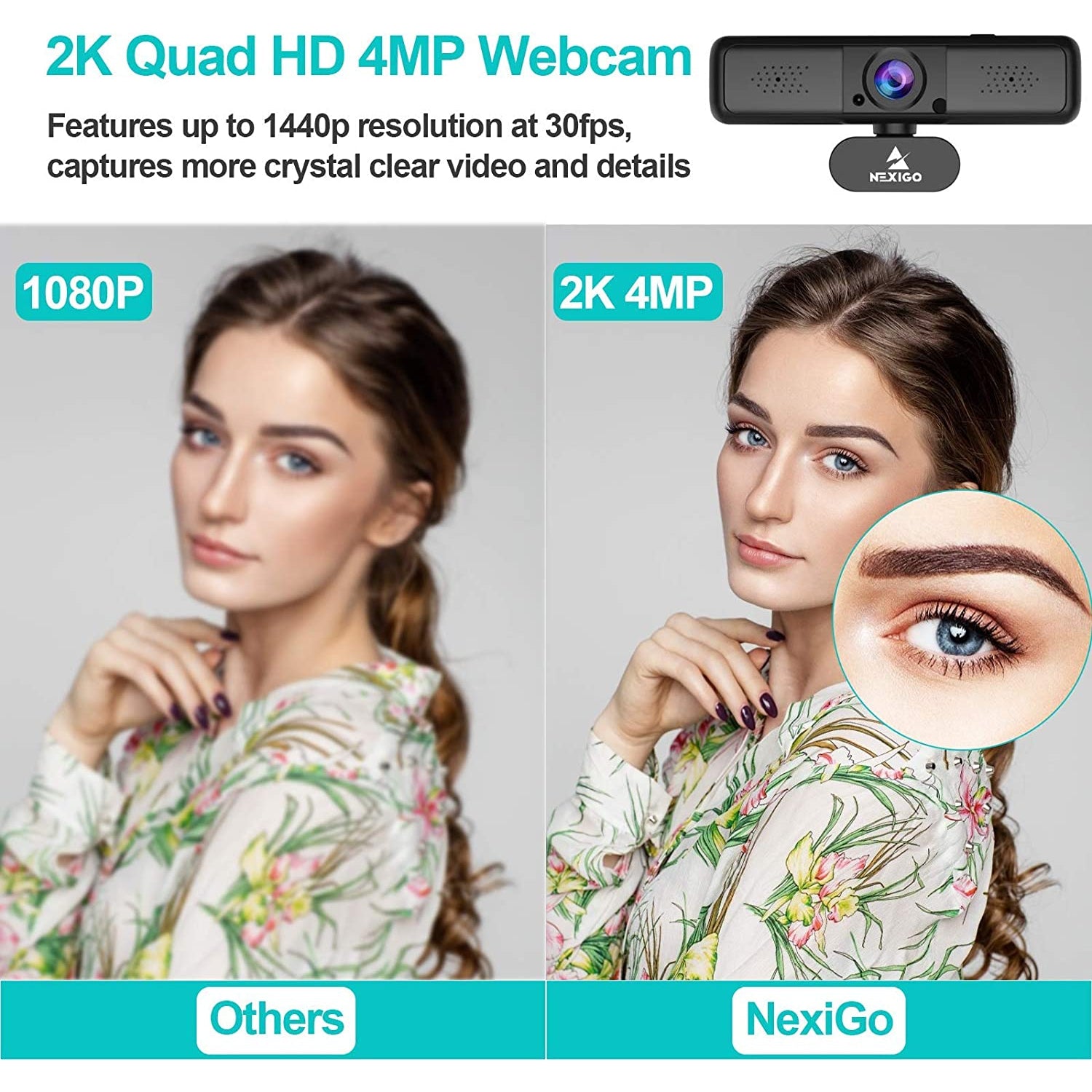 NexiGo N650 2K Webcam with Microphone - 1440p HD Streaming Camera for Zoom, Skype, Teams - Auto Light Correction & Noise Reduction - Perfect for Home Office, Online Classes & Video Conferencing