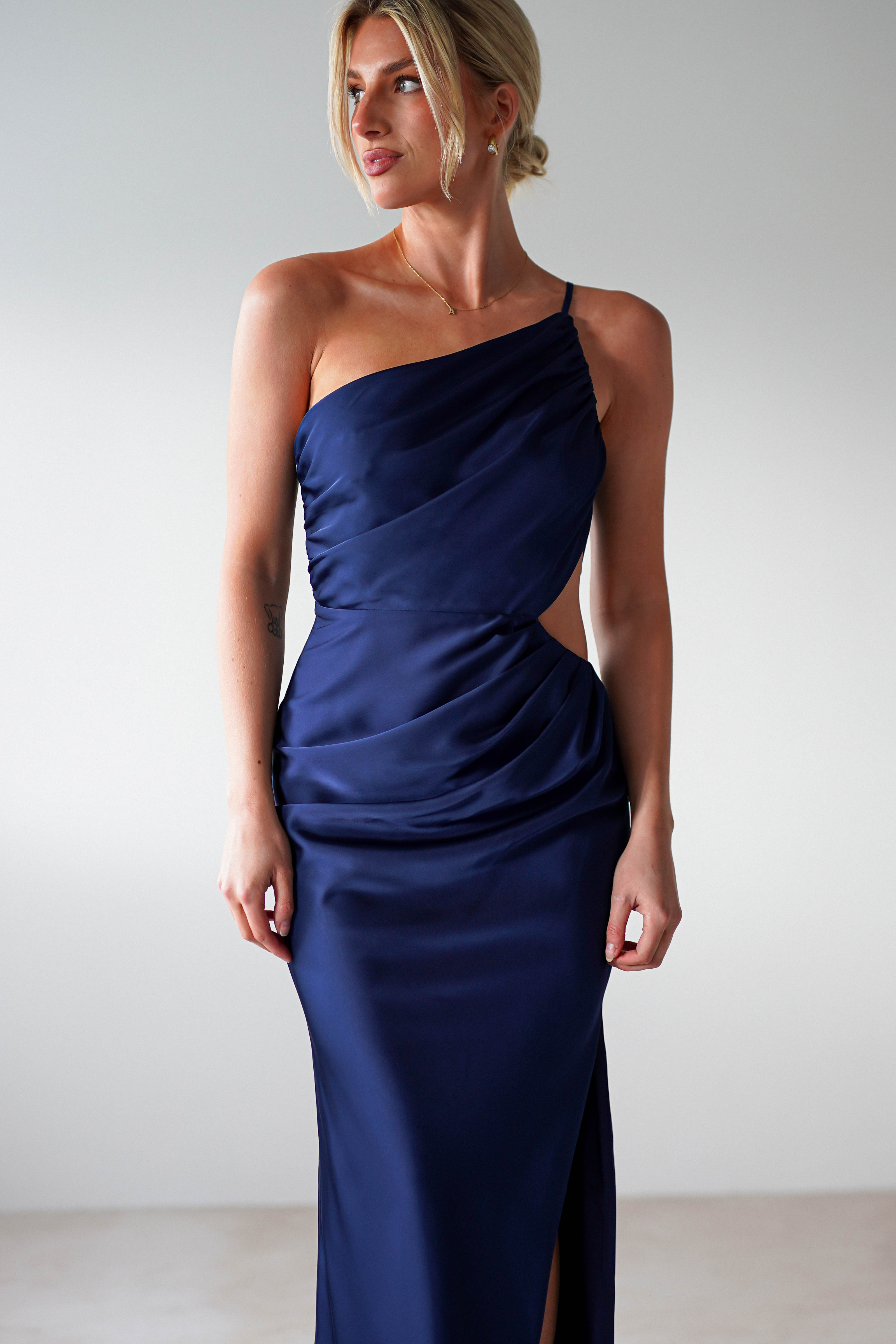 Lyra Soft Matte Satin Maxi Dress for Women - Navy Blue Elegant Long Dress for Evening Parties, Weddings & Special Occasions