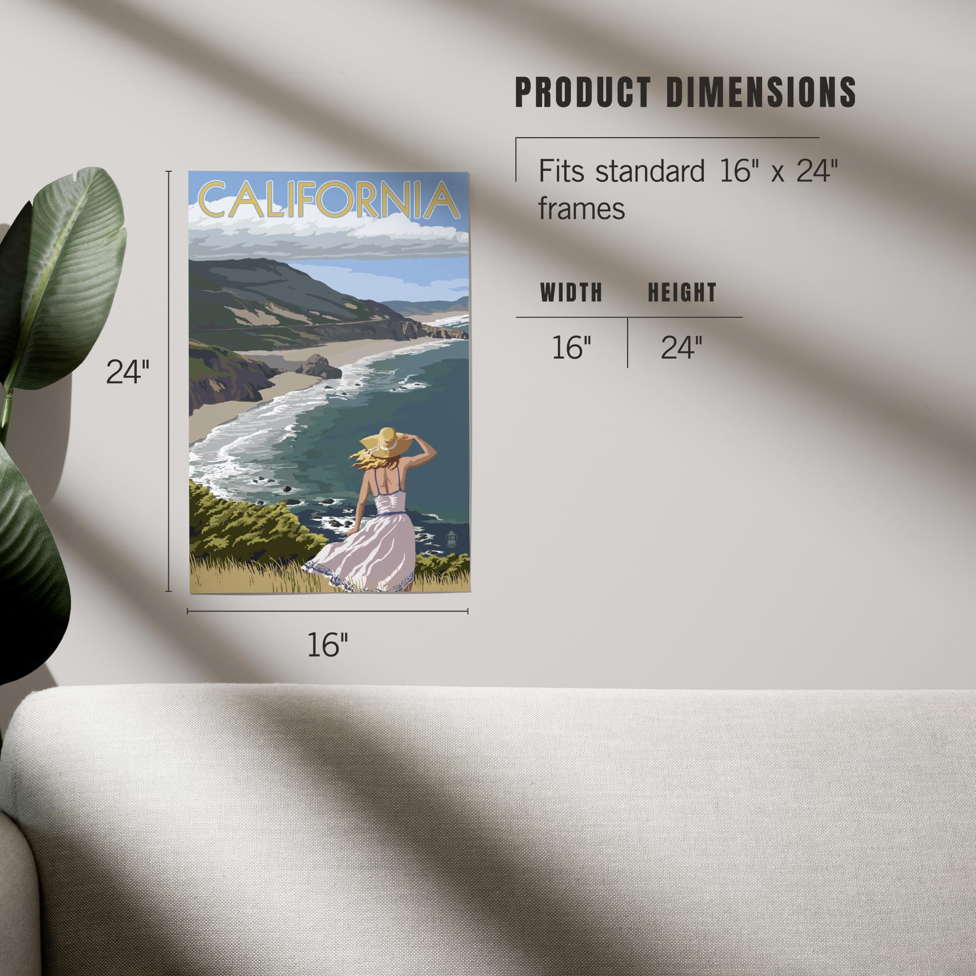 Lantern Press 16x24 Inch Giclee Art Print - California Coastal Landscape with Elegant Woman in Hat - Premium Wall Decor for Living Room, Bedroom & Office