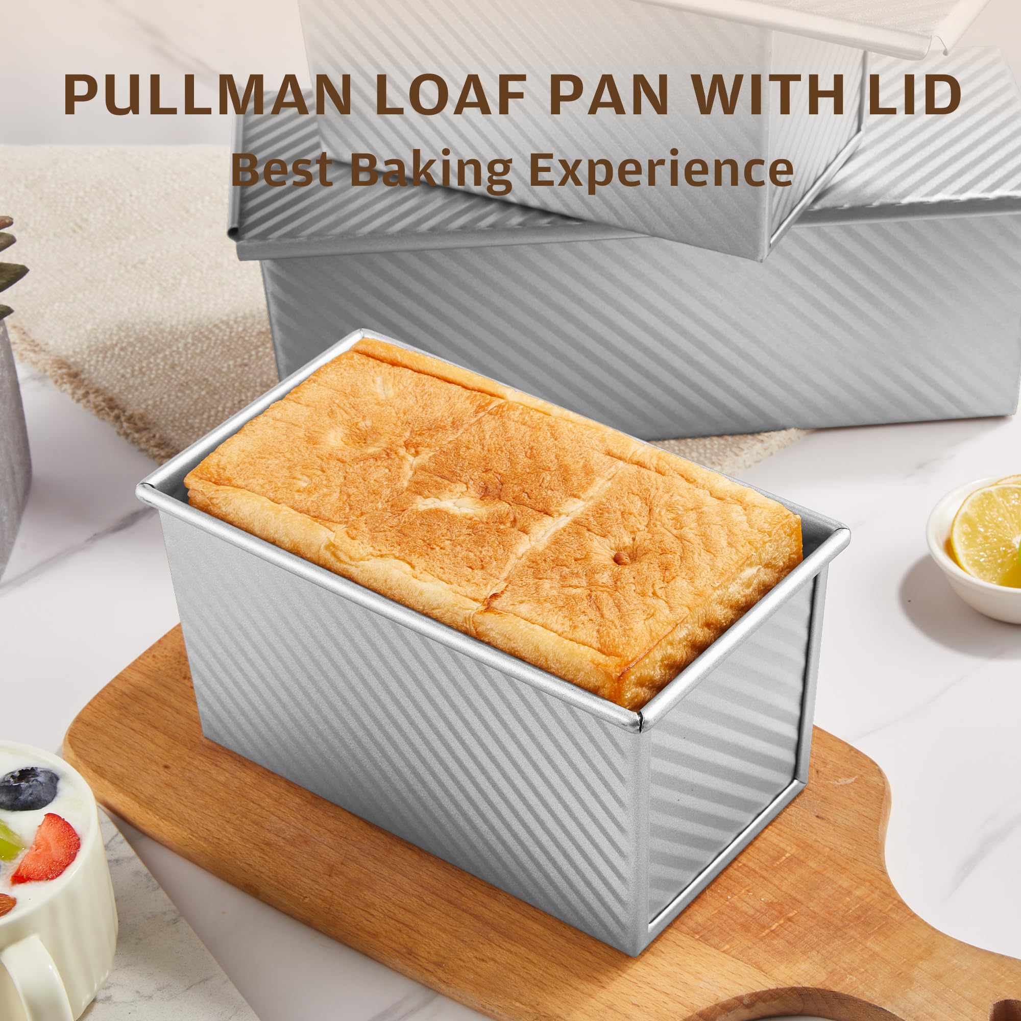 KITESSENSU Pullman Loaf Pan with Lid - 1 lb Non-Stick Carbon Steel Bread Baking Pan | Corrugated Toast Box Mold for Homemade Bread, Sandwich Loaves & Artisan Baking | Perfect for Kitchen, Bakery & Gift Giving
