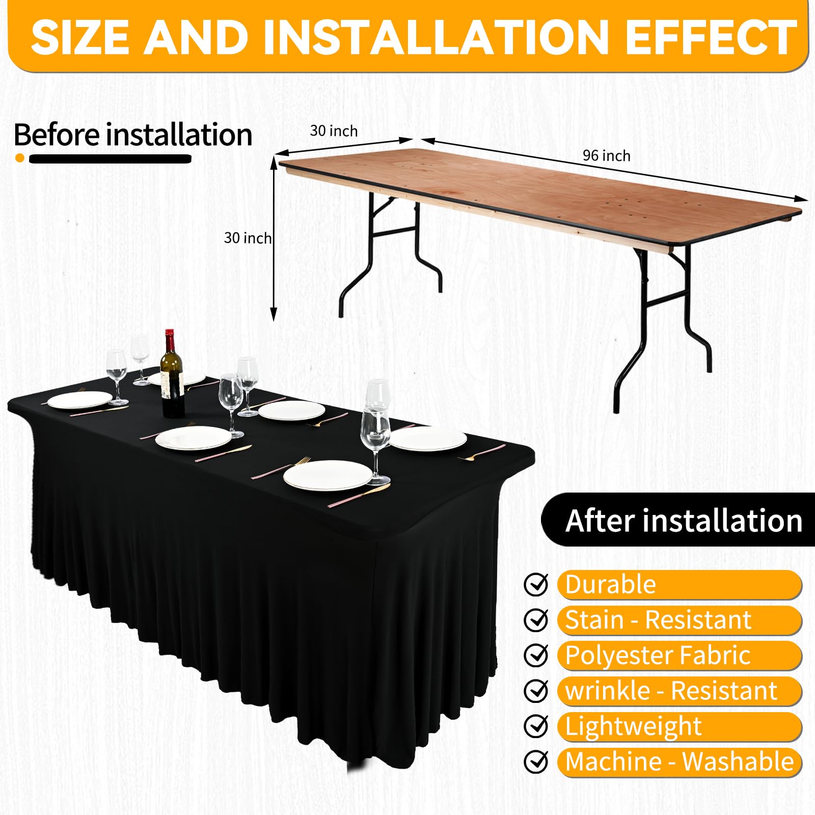 6 Pack 8Ft Spandex Table Skirt - Black Stretch Tablecloth with Ruffles Design for Rectangle Tables, Wrinkle-Resistant & Easy to Install - Perfect for Banquets, Weddings, Thanksgiving & Party Decorations (Ideal for Event Setup & Home Decor)