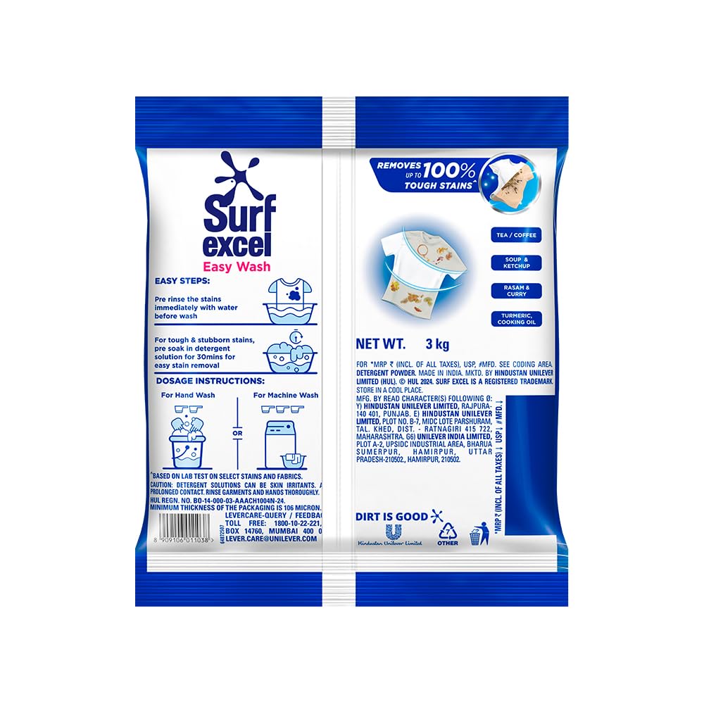 Surf Excel Easy Wash Detergent Powder - 3kg | Powerful Stain Removal for Clothes | Ideal for Laundry, Baby Clothes & Household Cleaning