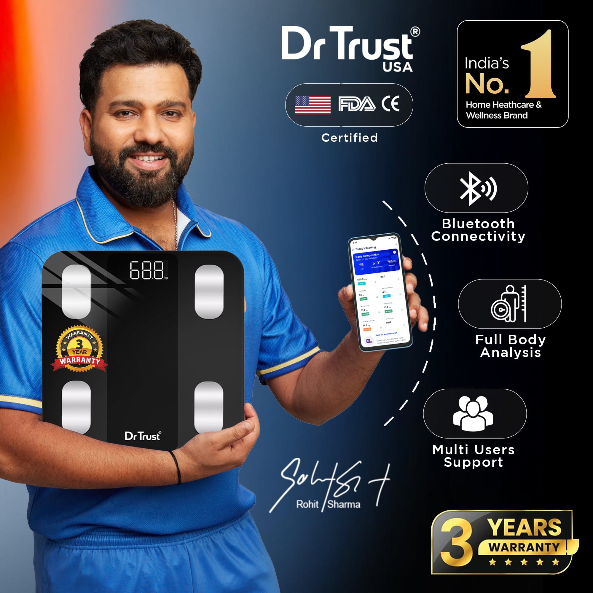 Dr Trust USA Legend Smart Body Fat Analyzer & BMI Scale - Digital Weight Machine with 14 Body Composition Metrics, Bluetooth Sync to Dr Trust 360 App for Accurate Health Tracking - Perfect for Home Gym, Fitness Enthusiasts & Weight Loss Programs