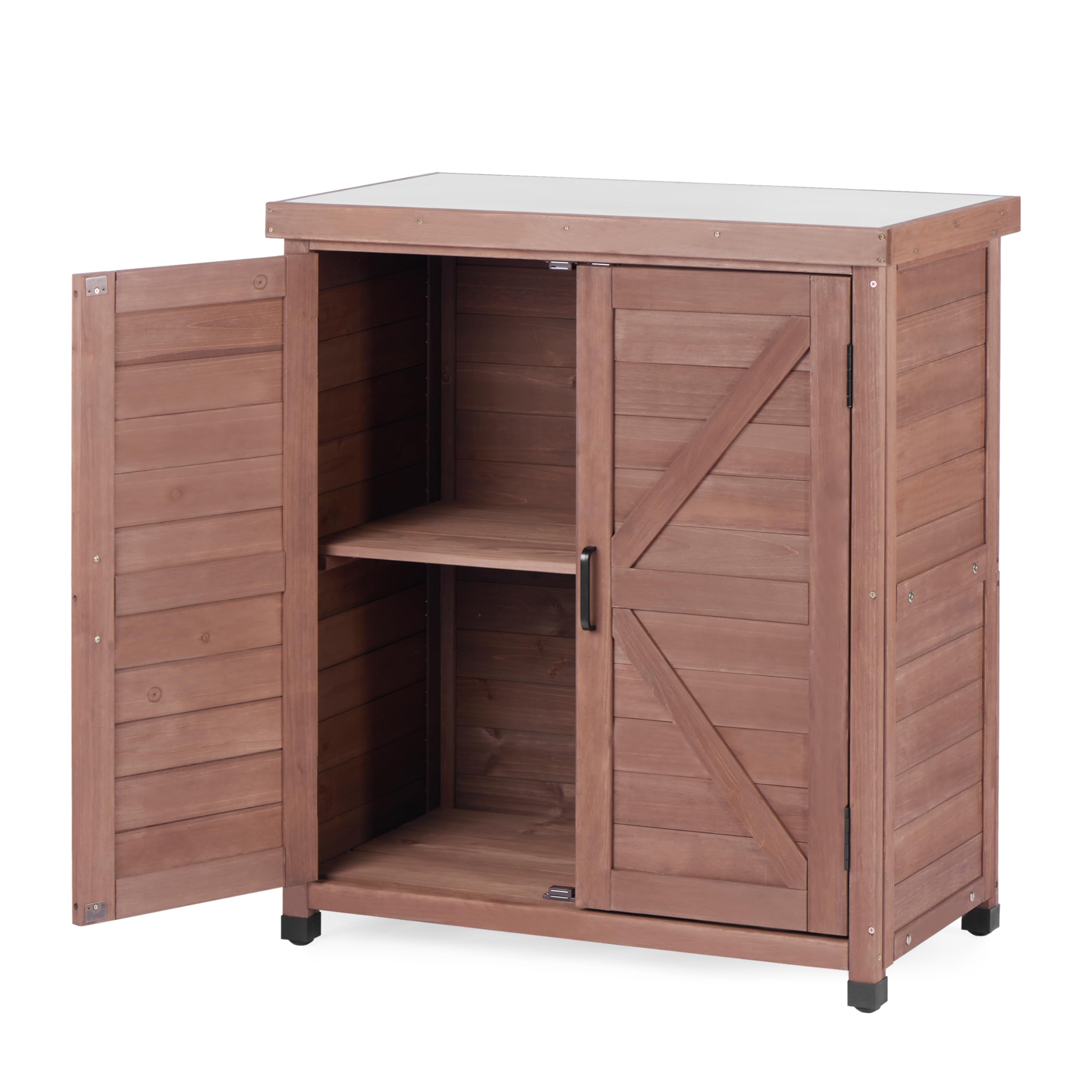 Outdoor Storage Cabinet & Potting Bench with Metal Top - 36x31x17in Wooden Garden Workstation for Patio, Backyard & Gardening - Royal Brown