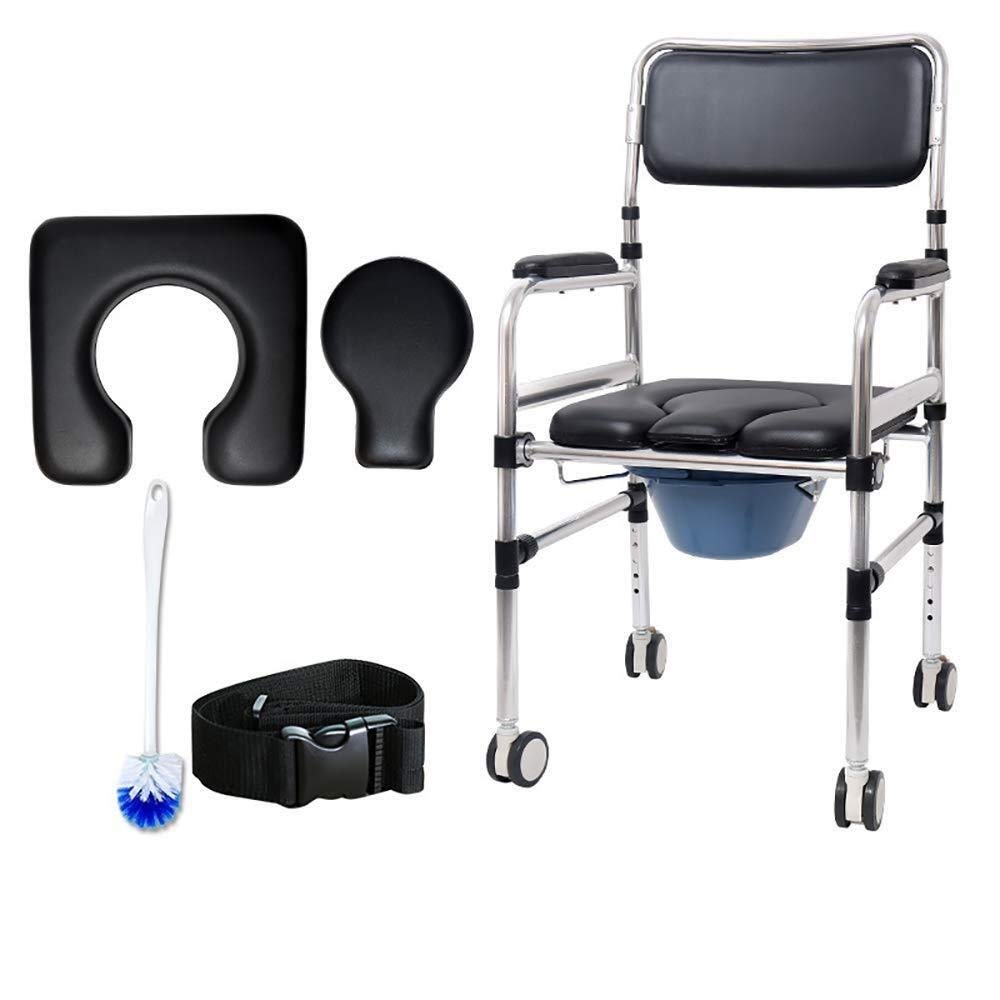**Adjustable Height Commode Chair with Wheels - Rolling Shower Chair with Padded Seat & Safety Belt for Elderly & Disabled - Portable Toilet for Bedside, Bathroom & Travel Use**