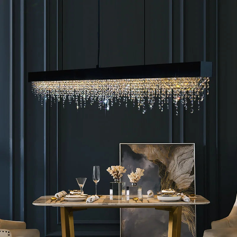 Modern Crystal Rectangular Dining Table Chandelier - Elegant LED Lighting Fixture for Formal Dining Room, Kitchen Island & Luxury Home Decor
