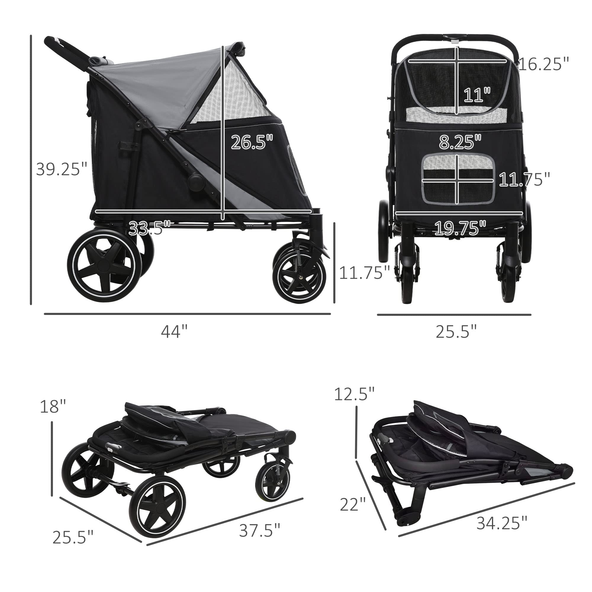 Extra Large Foldable Pet Stroller with Storage Bag & Mesh Window - Shock Absorbing Dog Stroller for Large Breeds (Gray) | Perfect for Outdoor Walks, Vet Visits & Travel with Your Dog