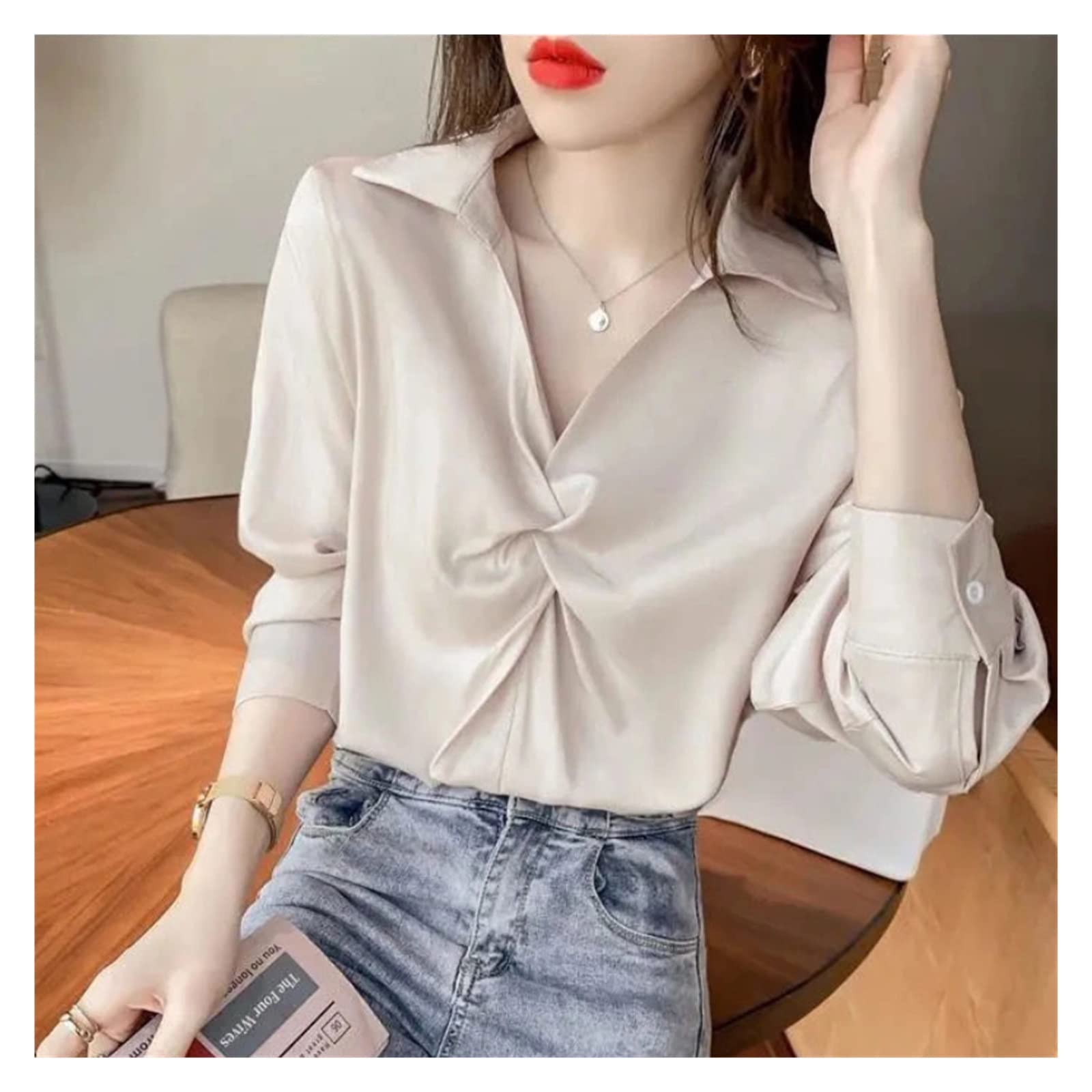 Elegant Turn-Down Collar Loose Long Sleeve Chiffon Blouse for Women - Solid Color Summer Top - Size S - Perfect for Office Wear, Casual Outings & Summer Vacations