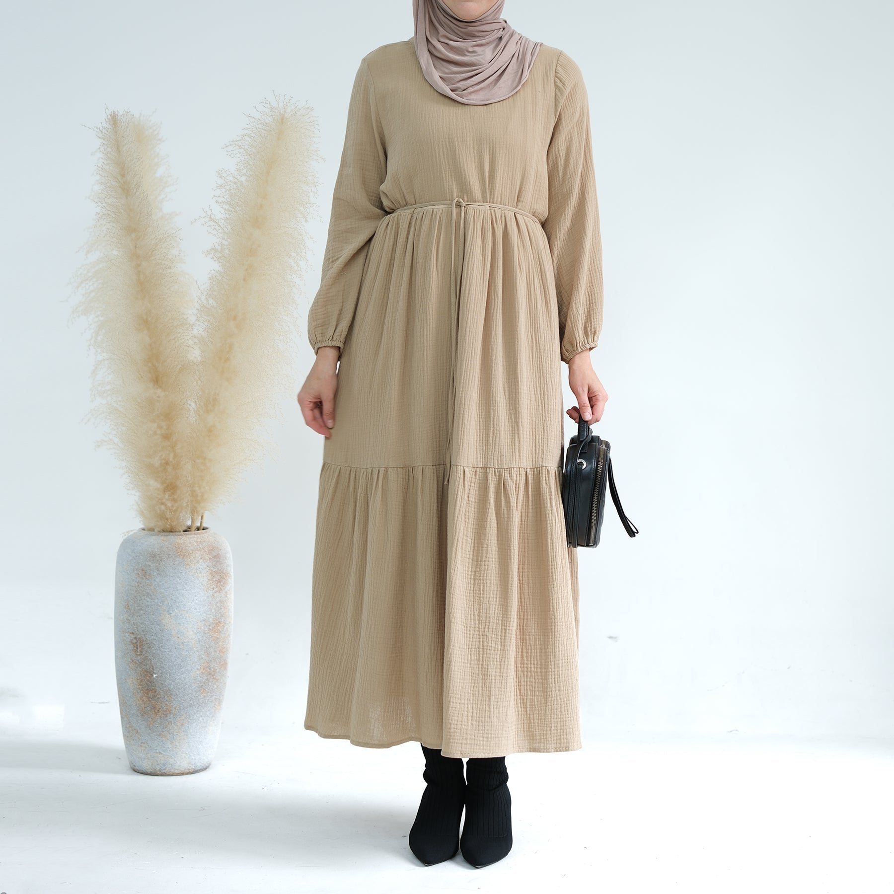 Bohemian Long Sleeve Prairie Maxi Dress in Camel - Flowy Vintage Style for Women | Perfect for Fall Weddings, Festivals & Casual Outings