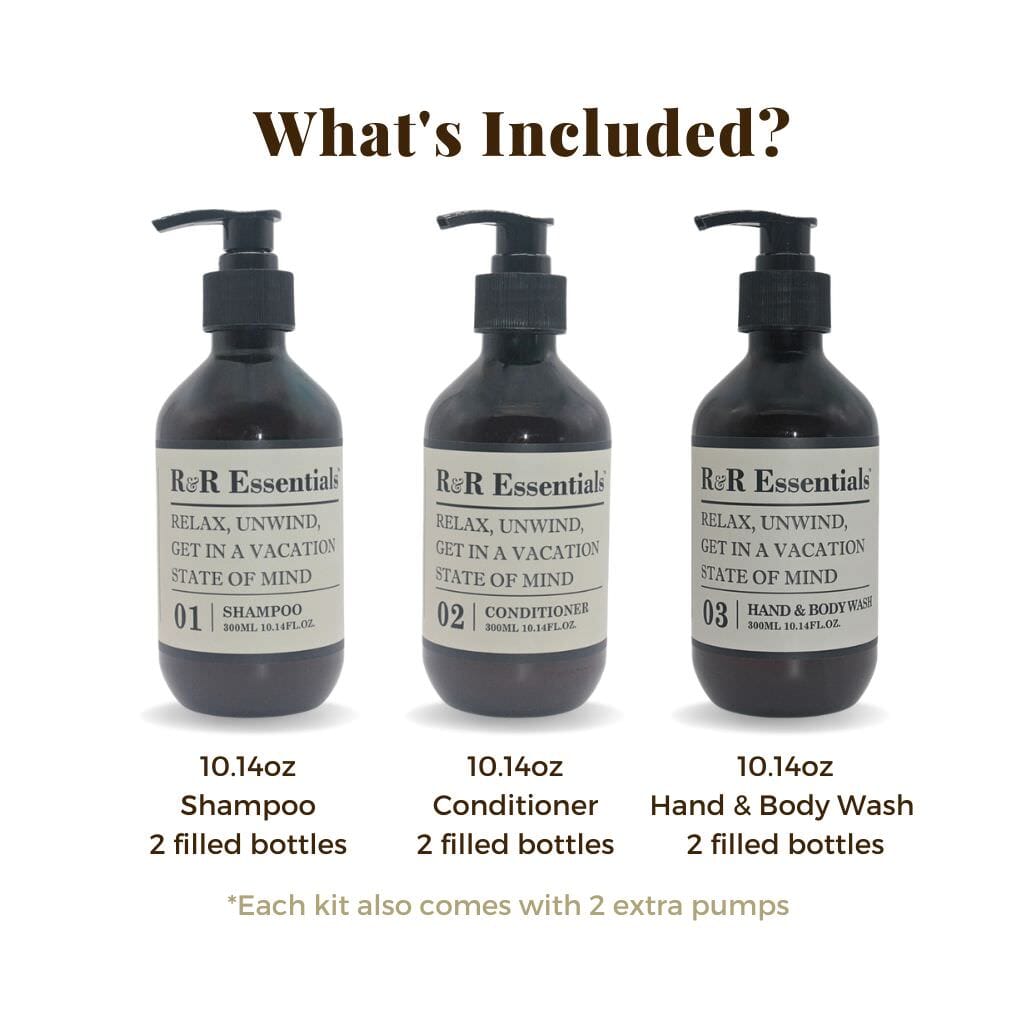 R&R Essentials Refillable Guest Toiletries Kit - 6 Pack 10.14 oz Bottles for Hotels, Travel & Airbnb Hospitality