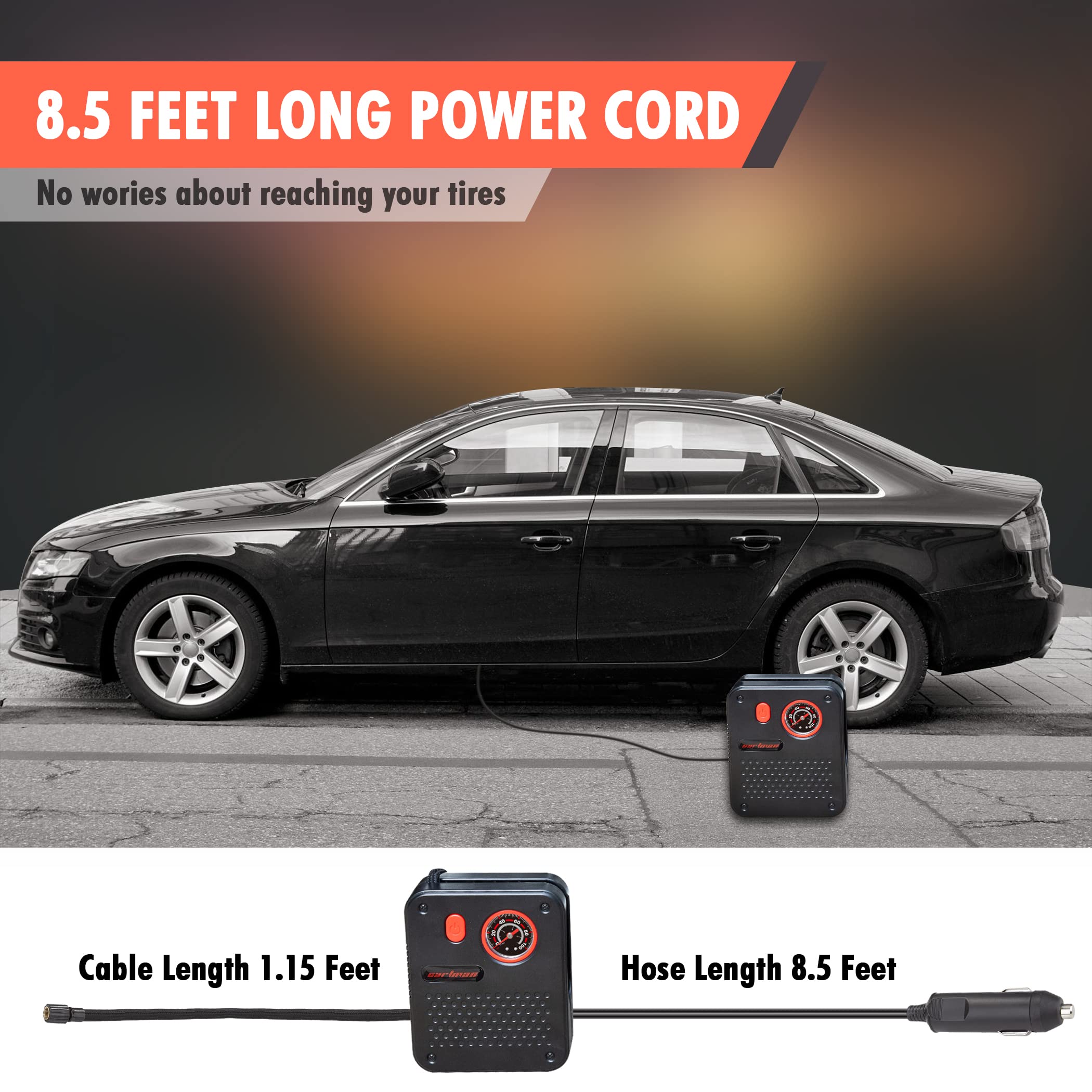 Portable Electric Air Compressor Pump for Car Tires, Bikes, Balls & Inflatables - CARTMAN 12V DC Tire Inflator with Digital Pressure Gauge - Fast Inflation for Road Trips, Camping & Emergency Use (Black)