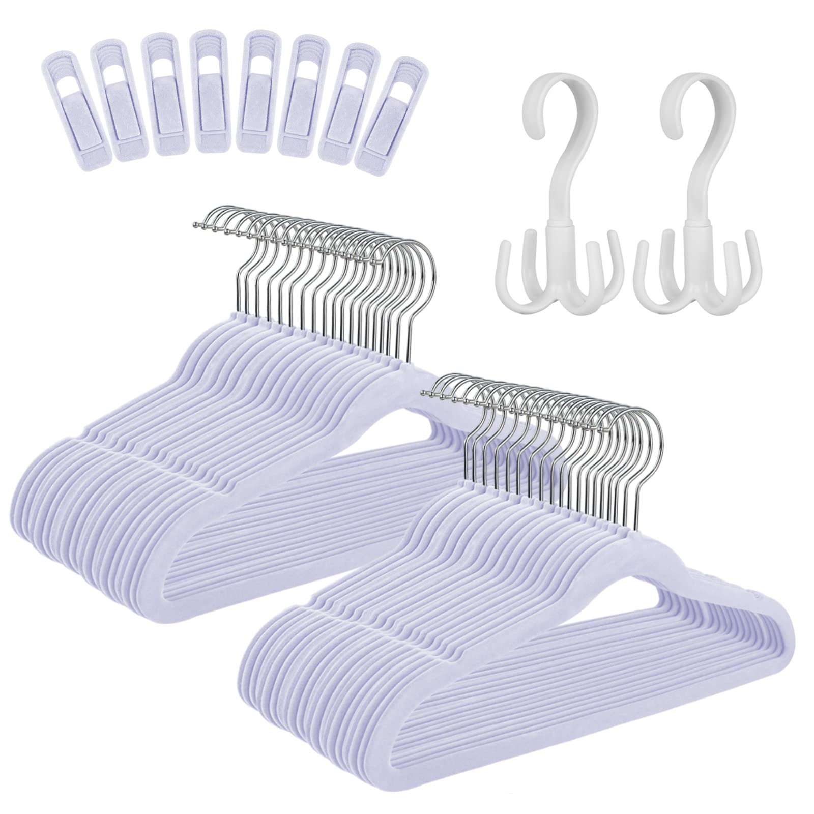 60 Pack Tinfol Kids Velvet Hangers - 13.7 Inch Light Purple Non-Slip Toddler Closet Hangers with 8 Clips, Ultra Thin Space Saving Children's Clothes Hangers for Shirts & Pants | Perfect for Nursery, Daycare & Kids Wardrobe Organization
