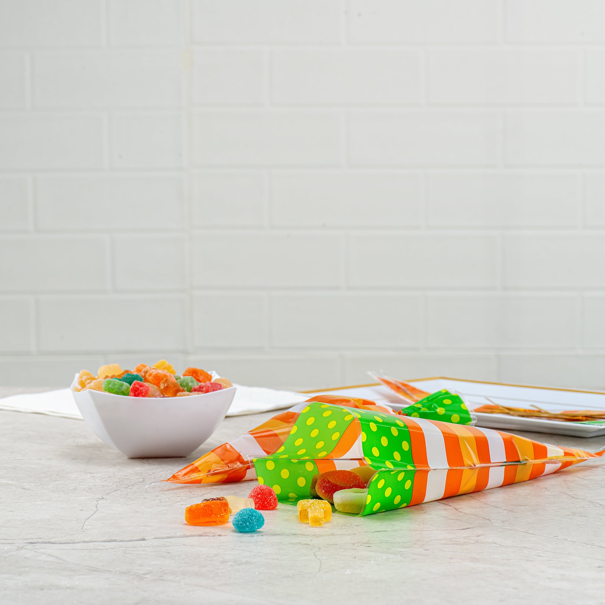 Premium Plastic Cone Bags - Stripes & Polka Dots Design (6x11 Inches, 8000 Count Box) | Perfect for Candy, Snacks, Party Favors & Retail Packaging