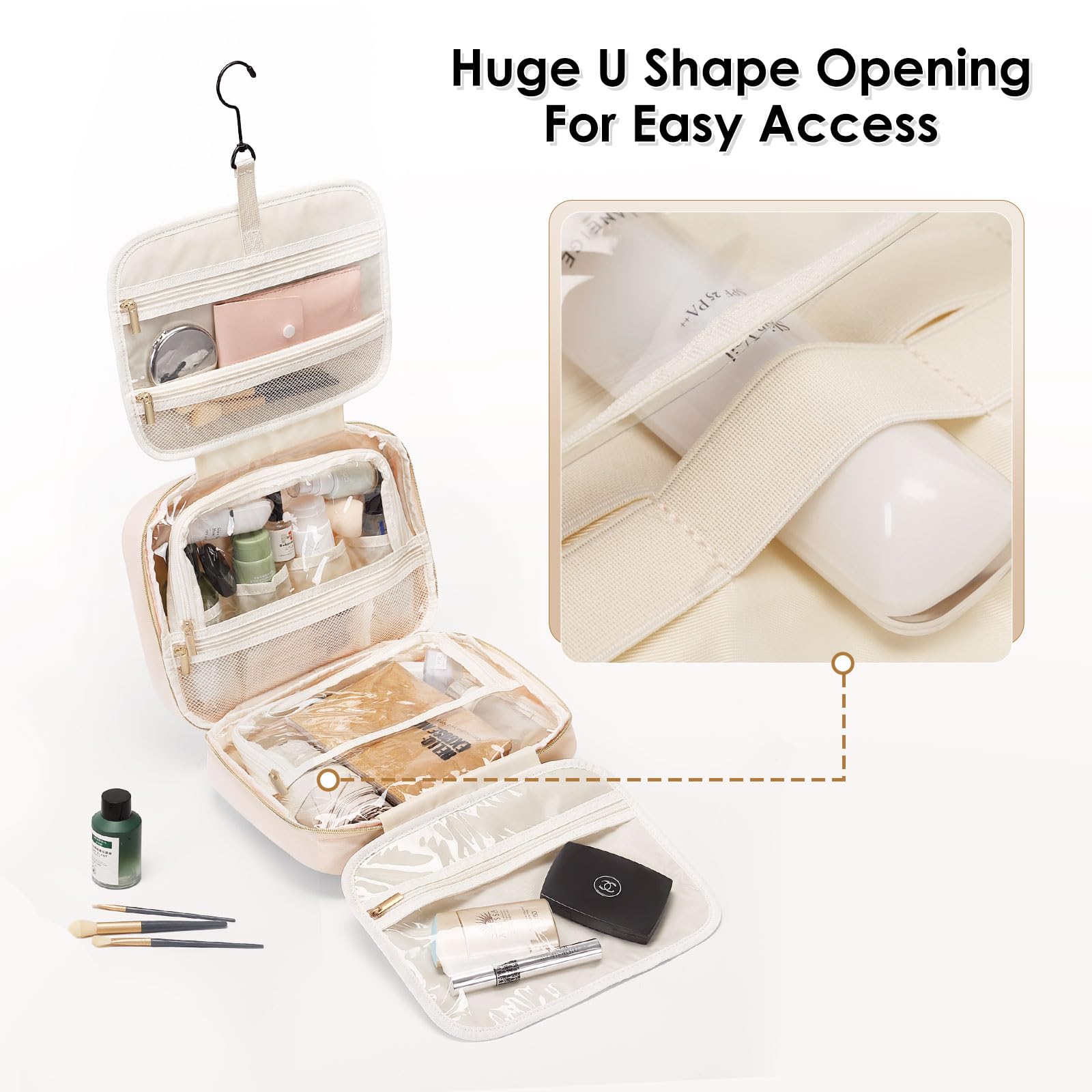 Waterproof Hanging Toiletry Bag for Women Travel - Large Cosmetic Organizer with Multiple Pockets, Makeup Travel Bag Essentials (Beige) | Perfect for Airplane, Gym, Camping & Vacation Trips