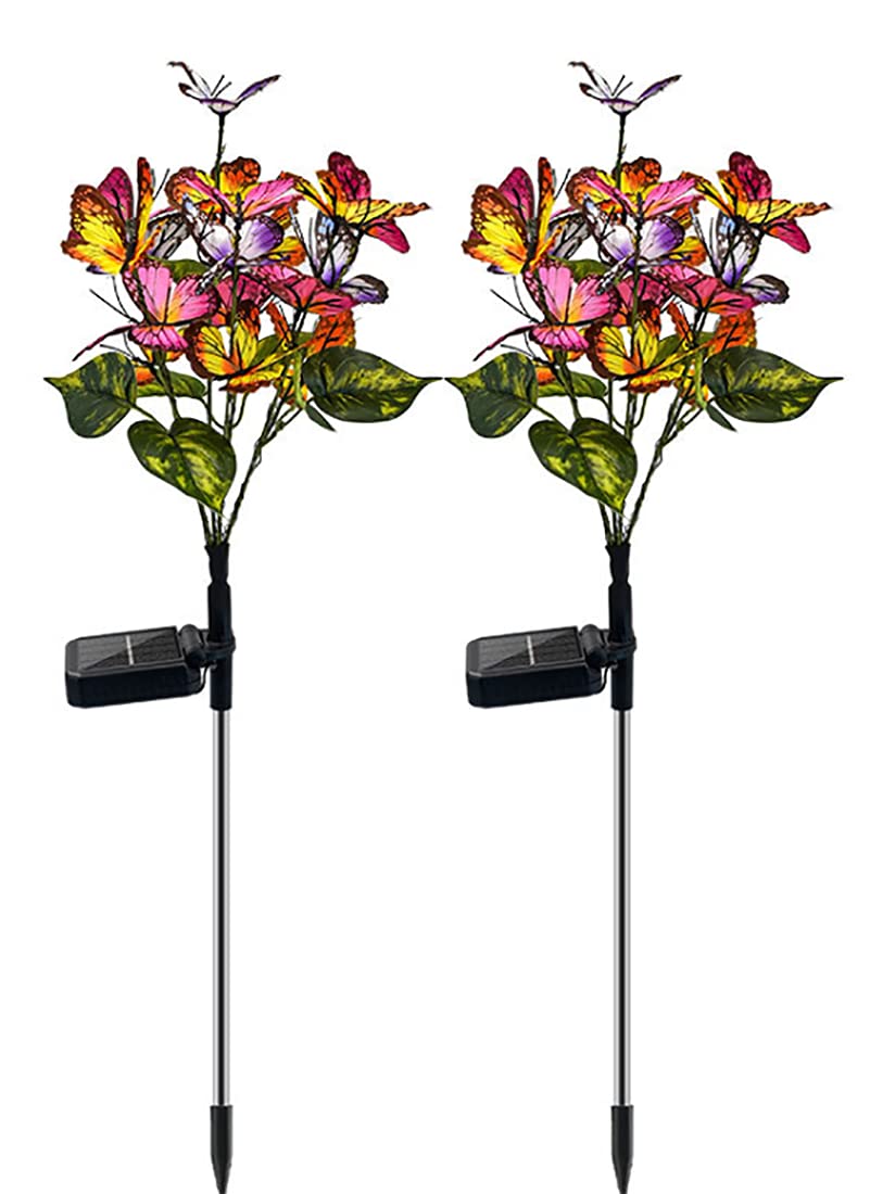 AMZSTAR 2 Pack Solar Garden Stake Lights - Waterproof Multicolor Butterfly Flower Decorative Outdoor Lighting for Yard, Patio, Walkway, Pathway | Perfect for Landscape Decor, Garden Accents & Evening Ambiance