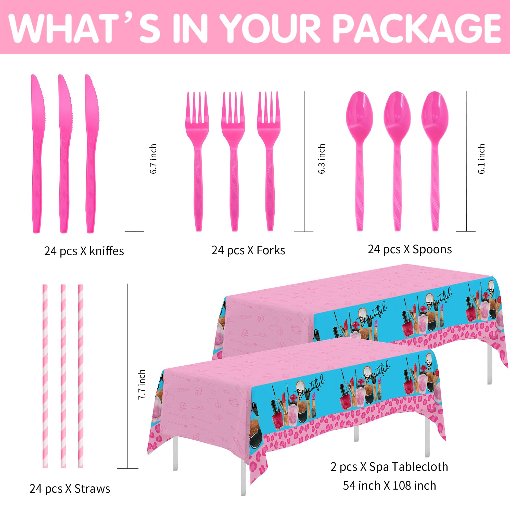 Girls Spa Birthday Party Supplies - Spa Makeup Theme Party Decorations Set with Plates, Cups, Napkins, Tablecloth & Cutlery | 24-Piece Dinnerware for Spa Day Celebrations, Bridal Showers & Girls Night In